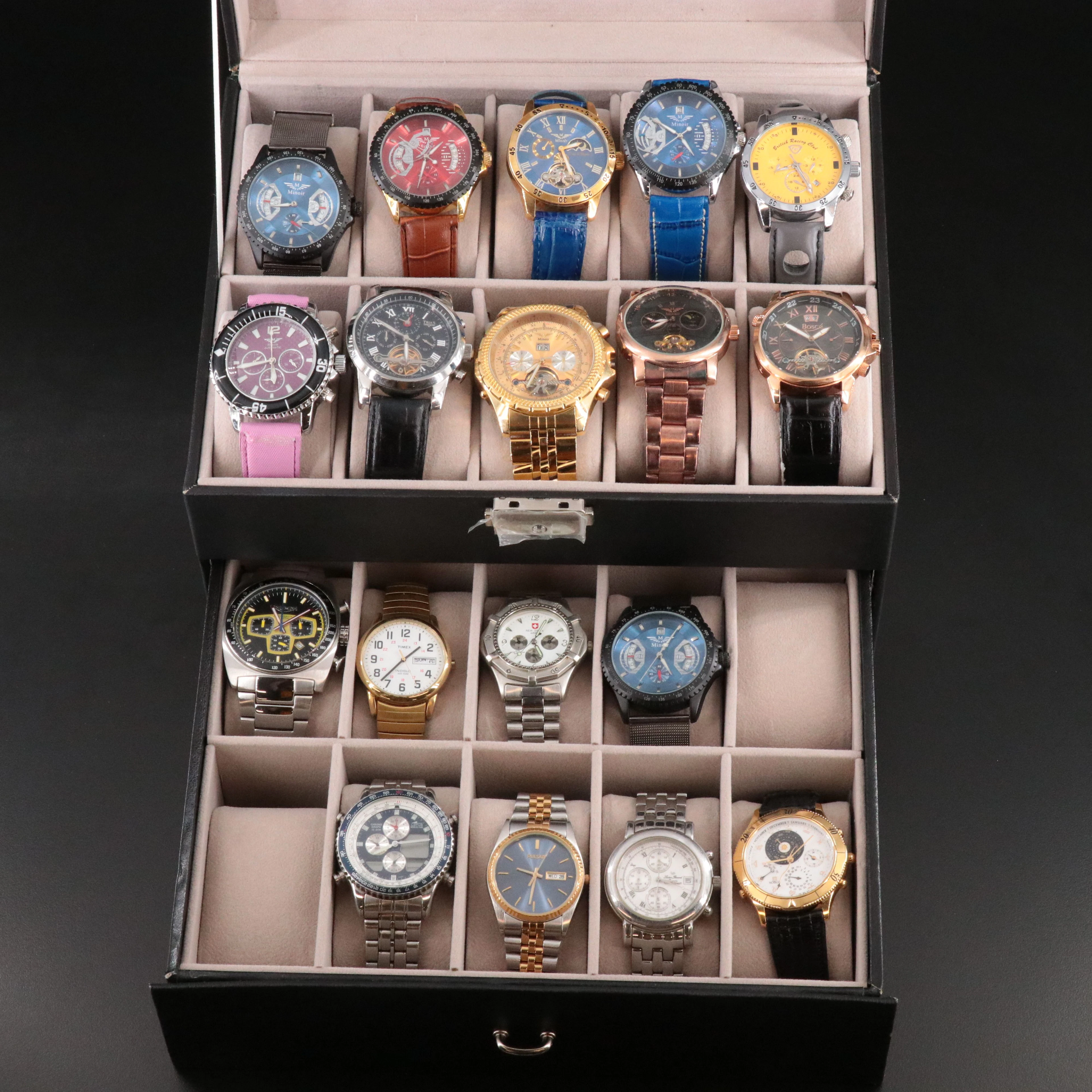 Collection of Watches in Leatherette Box Featuring Pulsar and Minoir