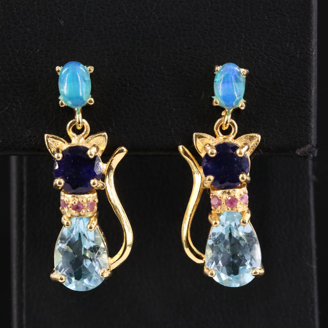 Sterling Cat Earrings Including Topaz, Ruby and Filled Corundum