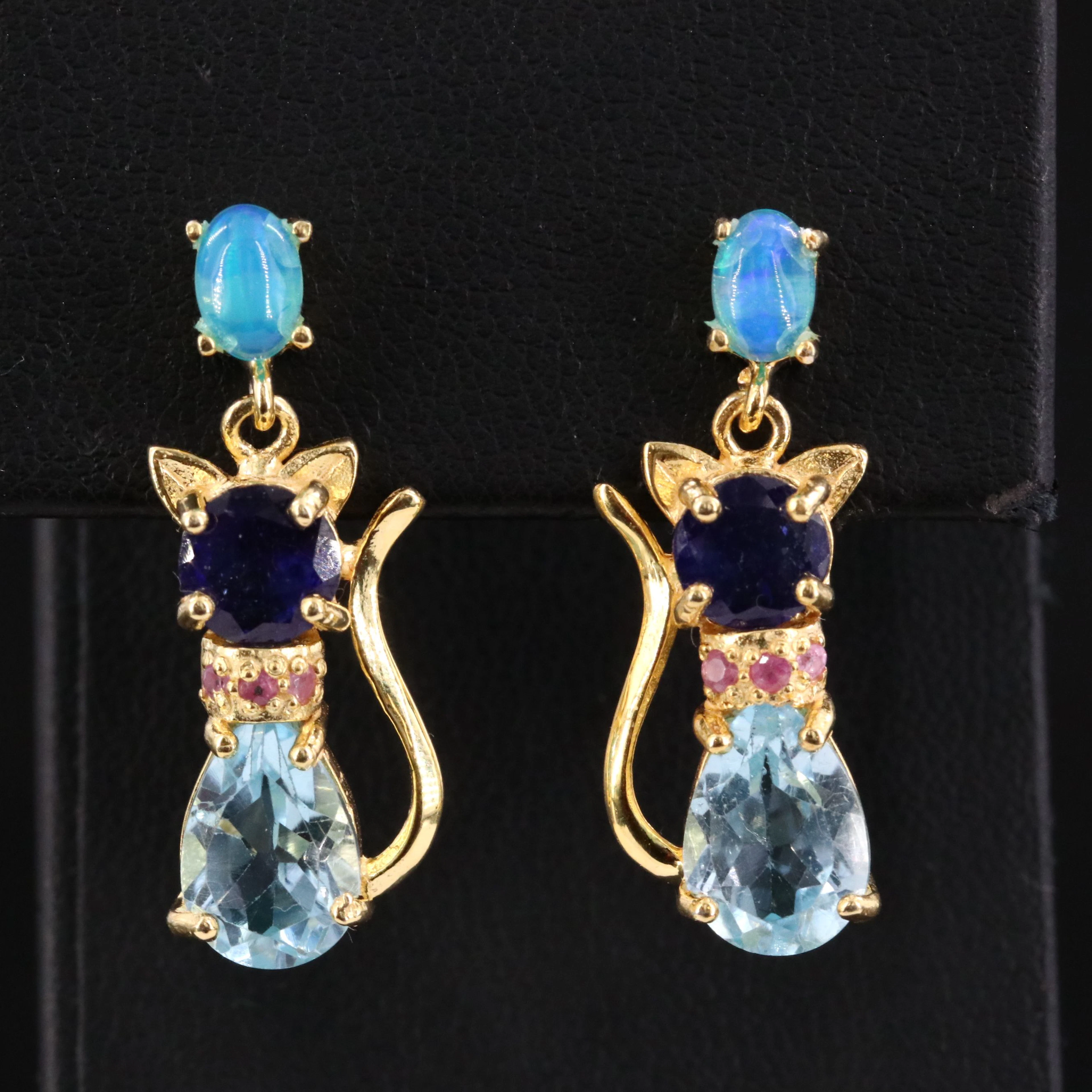 Sterling Cat Earrings Including Topaz, Ruby and Filled Corundum