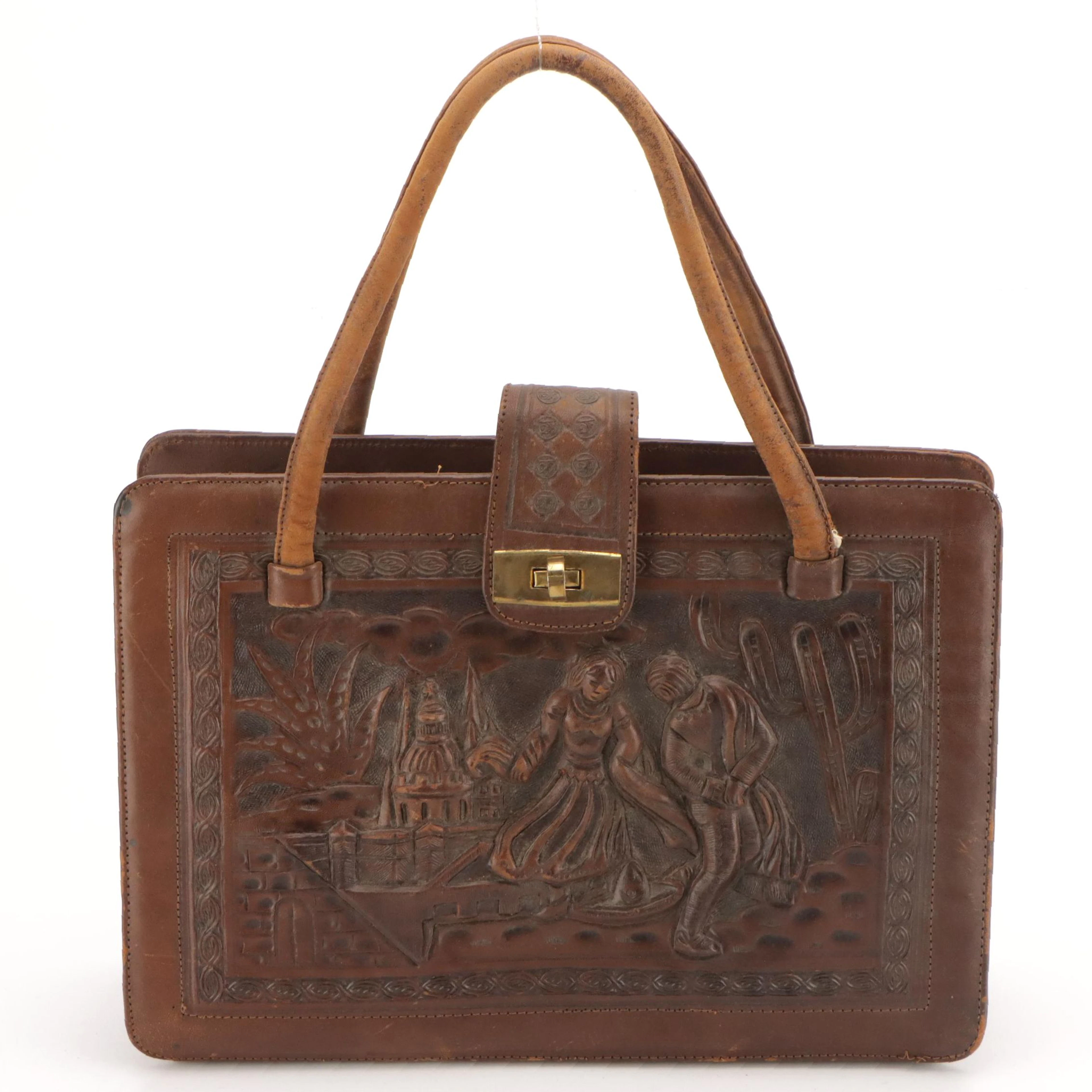 Mexican Hand-Tooled Leather Handbag in Aztec Medallion and Figural Motif