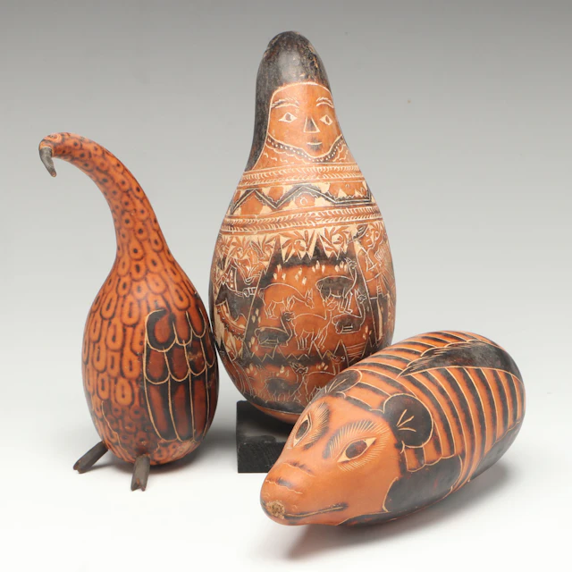 Peruvian Folk Art Handcrafted Gourd Armadillo, Bird and Human Figurines