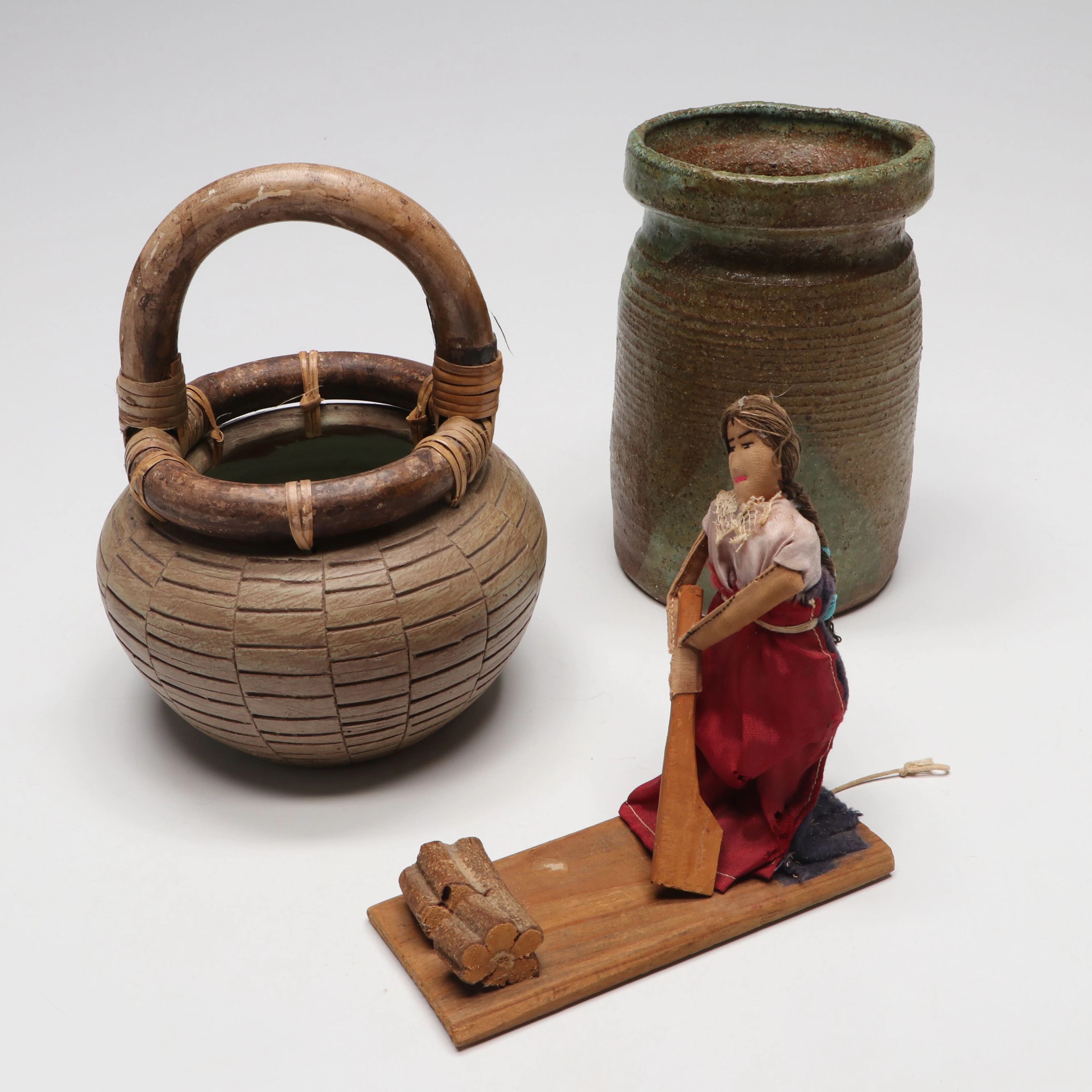 Rustic Salt Glazed Stoneware Vase with Ceramic Basket and Handcrafted Pull Toy