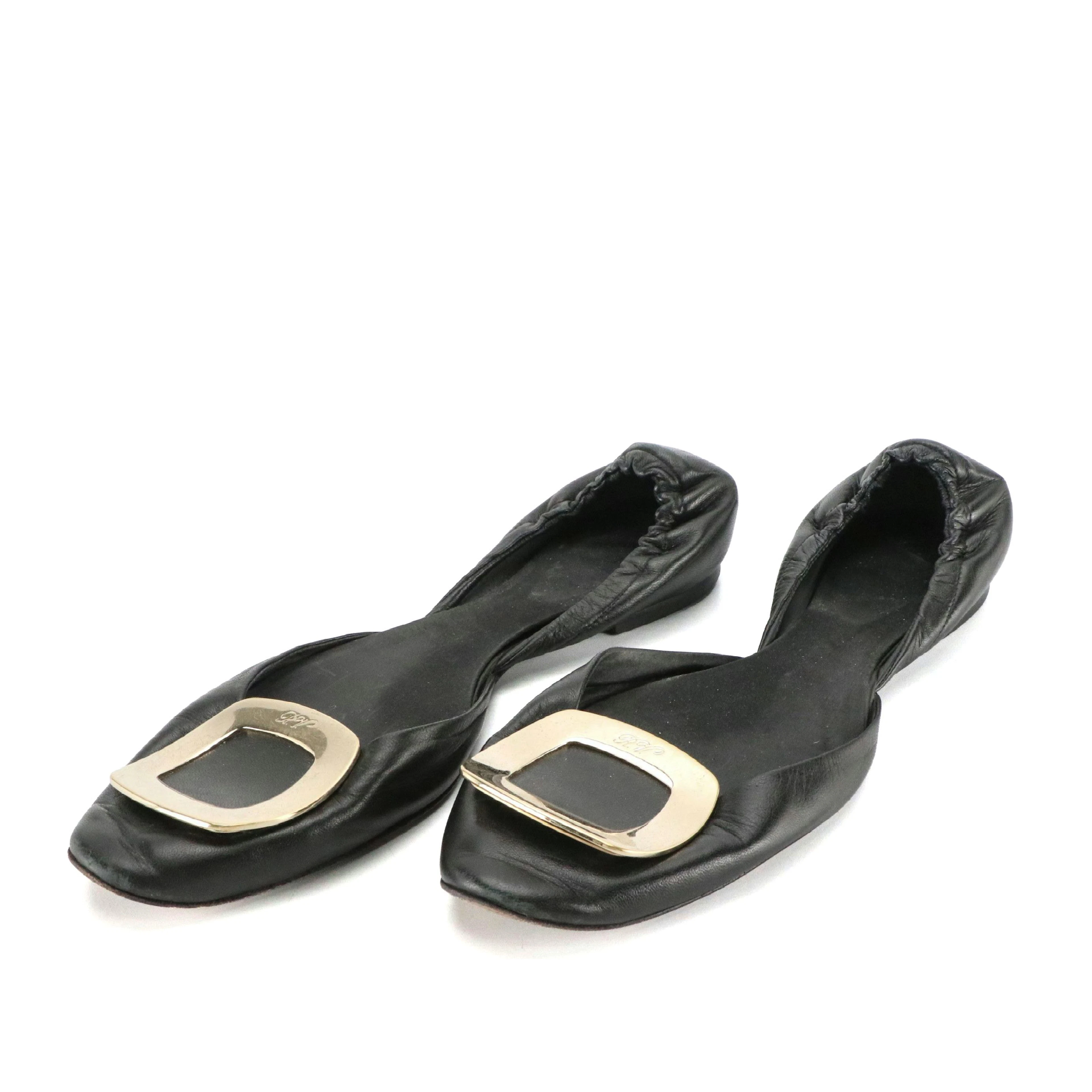 Roger Vivier Chips Buckle D'Orsay Ballet Flats in Black Lambskin Leather