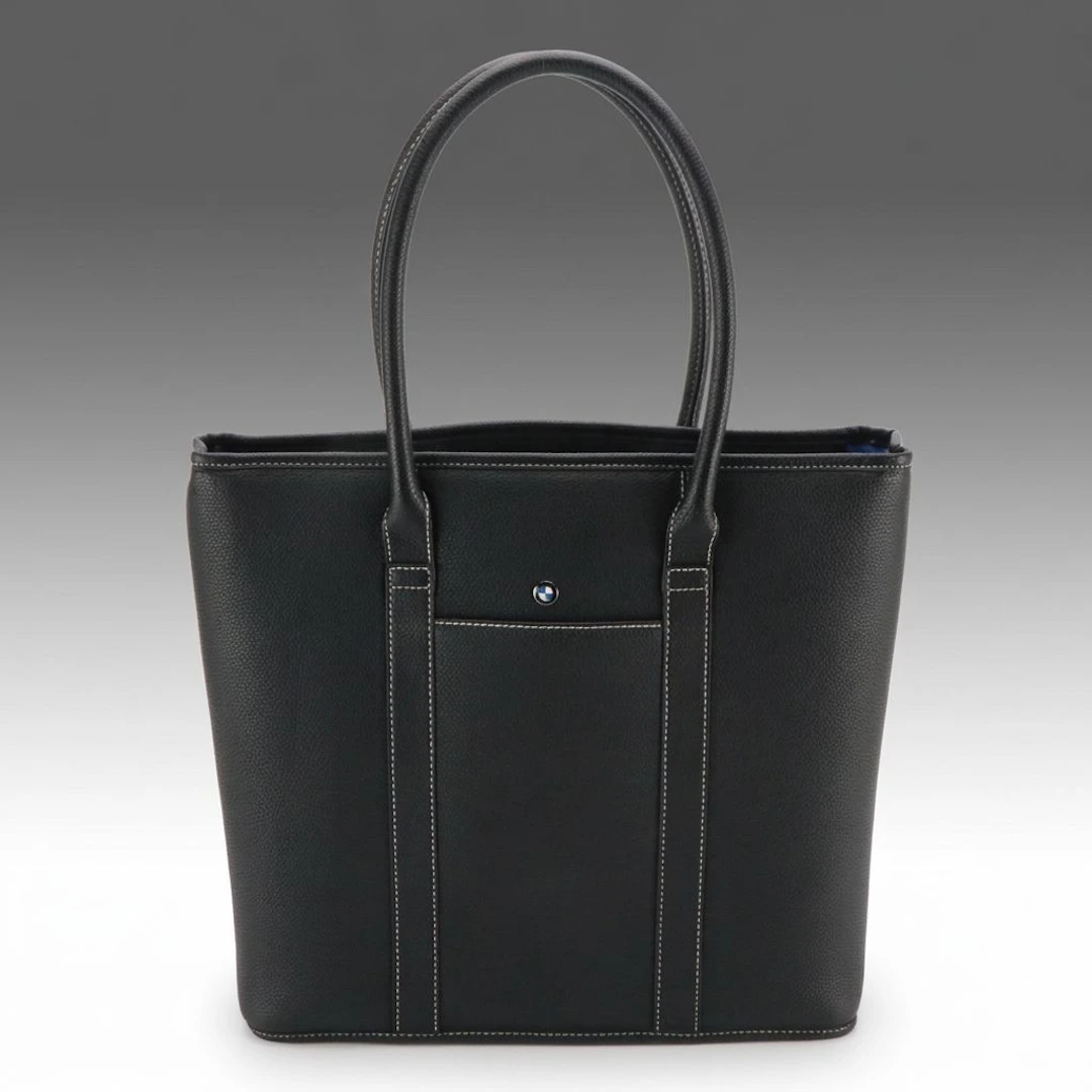 BMW Emblem Front Pocket Tote Bag in Black Pebbled Calfskin Leather