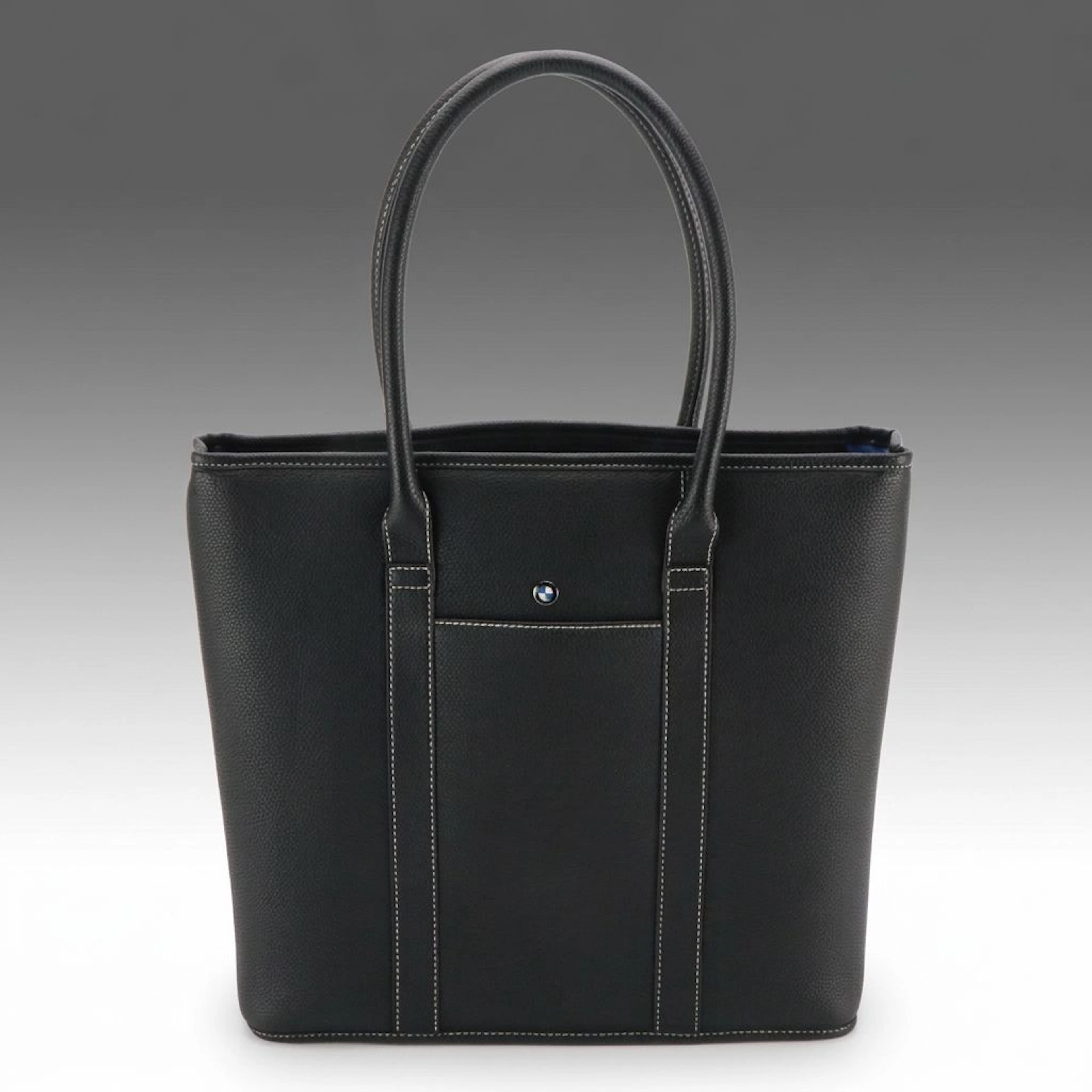 BMW Emblem Front Pocket Tote Bag in Black Pebbled Calfskin Leather
