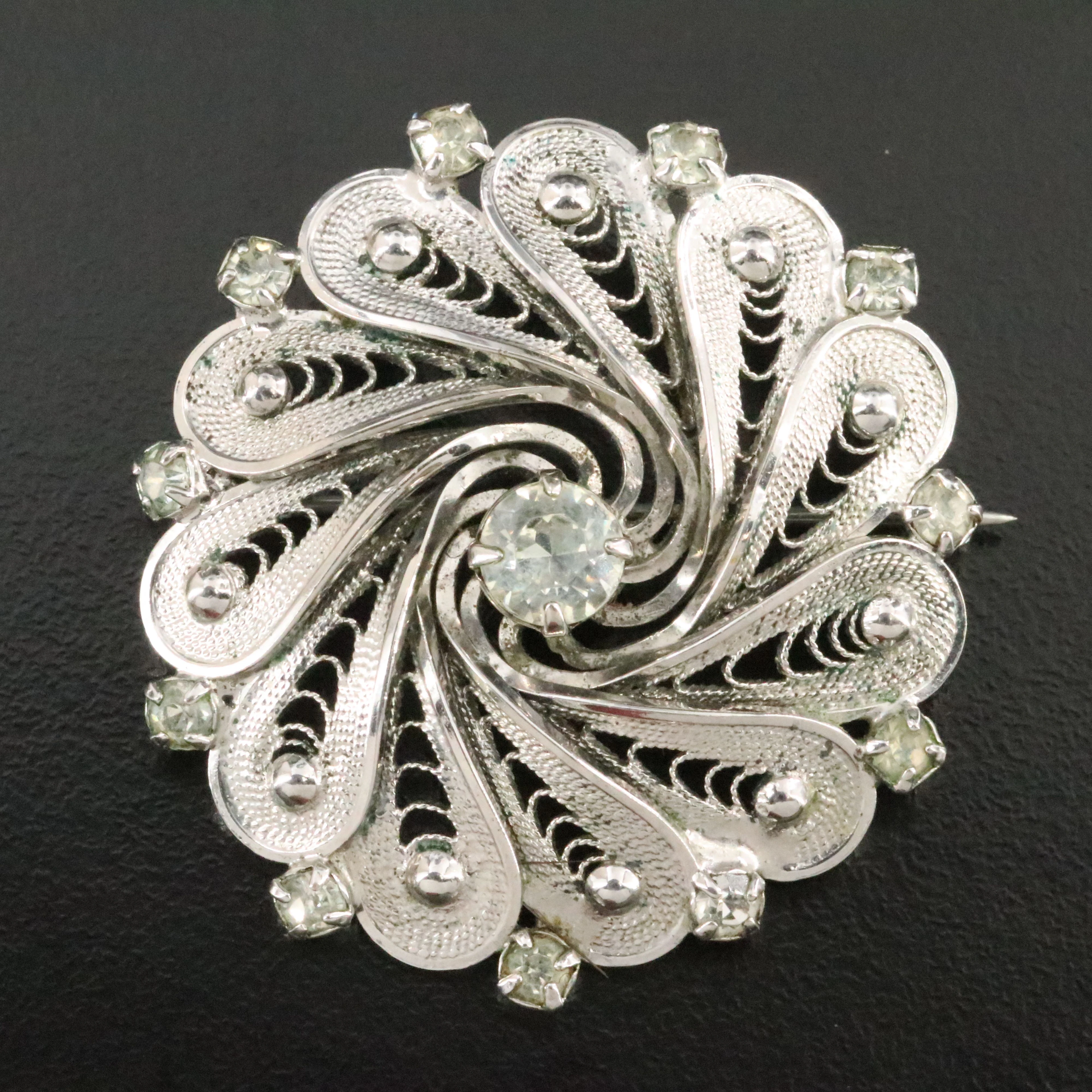 Vintage Sterling Rhinestone Filigree Brooch