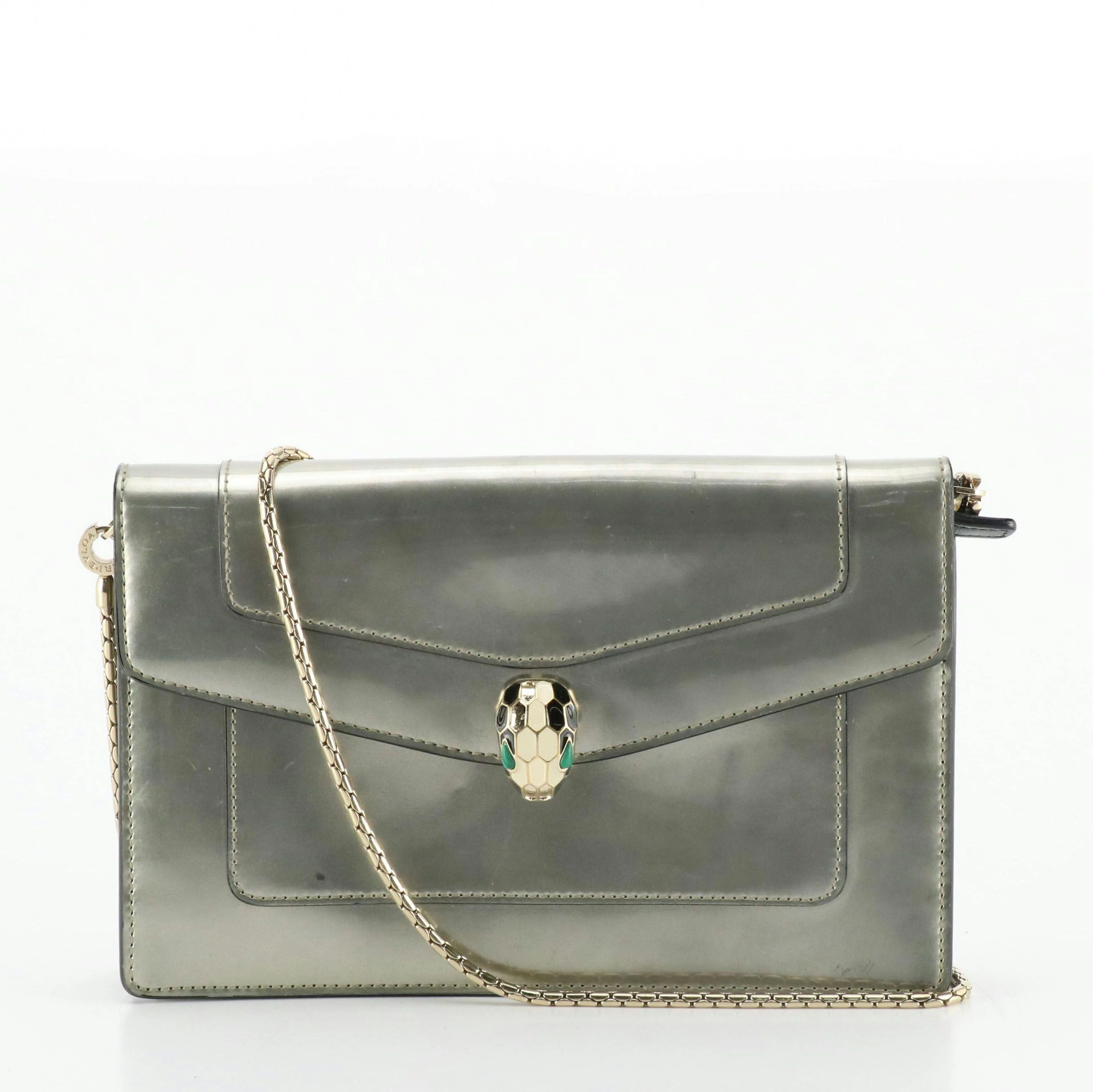 Bvlgari Serpenti Forever Crossbody Wallet Bag in Silver Patent Calfskin Leather