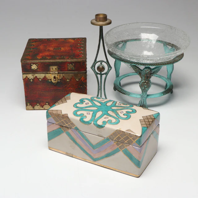 Art Nouveau Style Patina Metal Candlestick with Other Bowl and Boxes