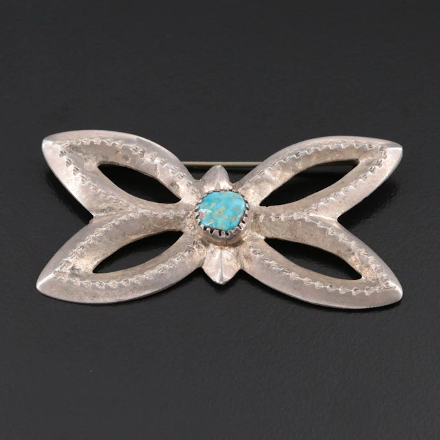 Southwestern Sterling Turquoise Sandcast Butterfly Brooch