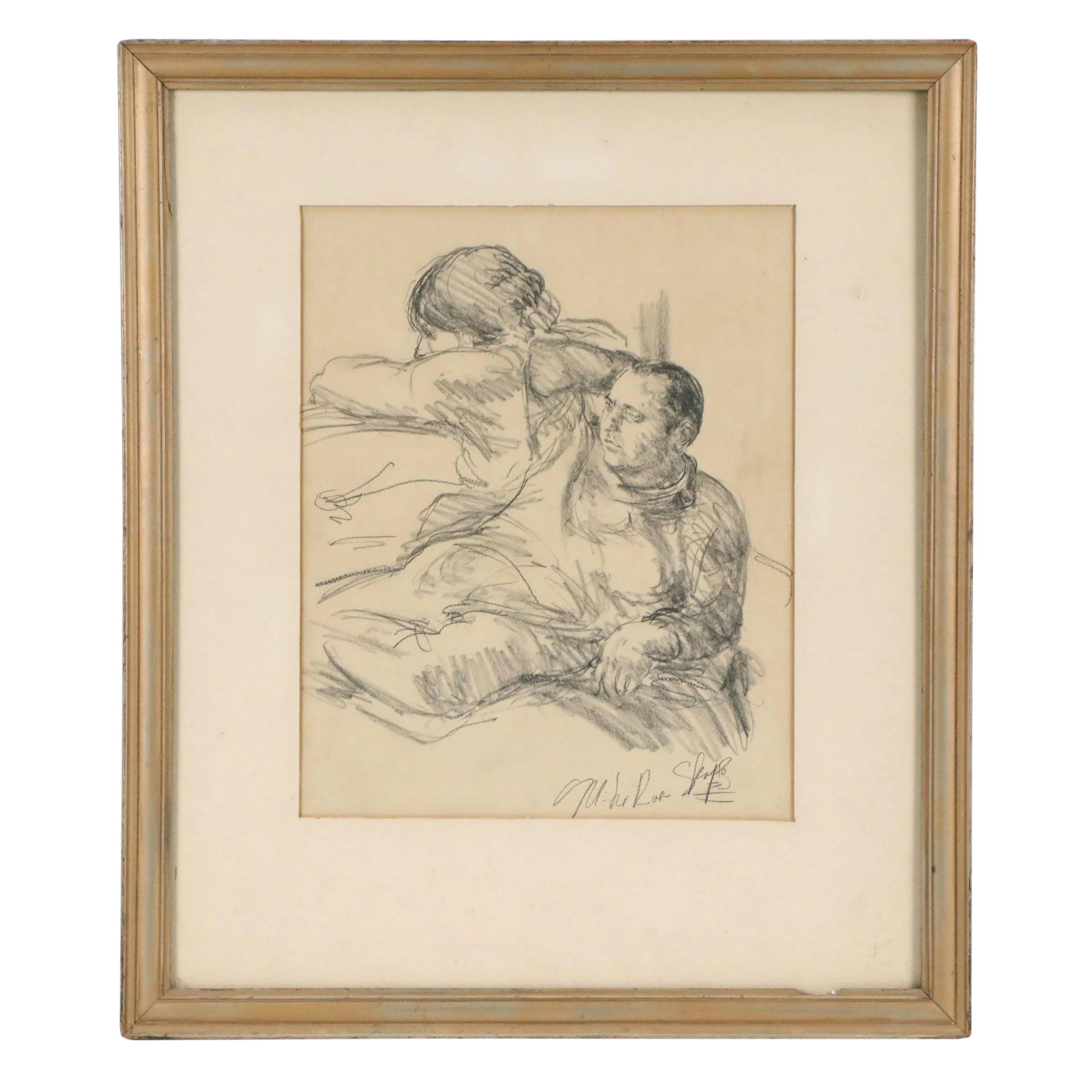 Eastern European Charcoal Portrait Drawing of Couple, 20th Century