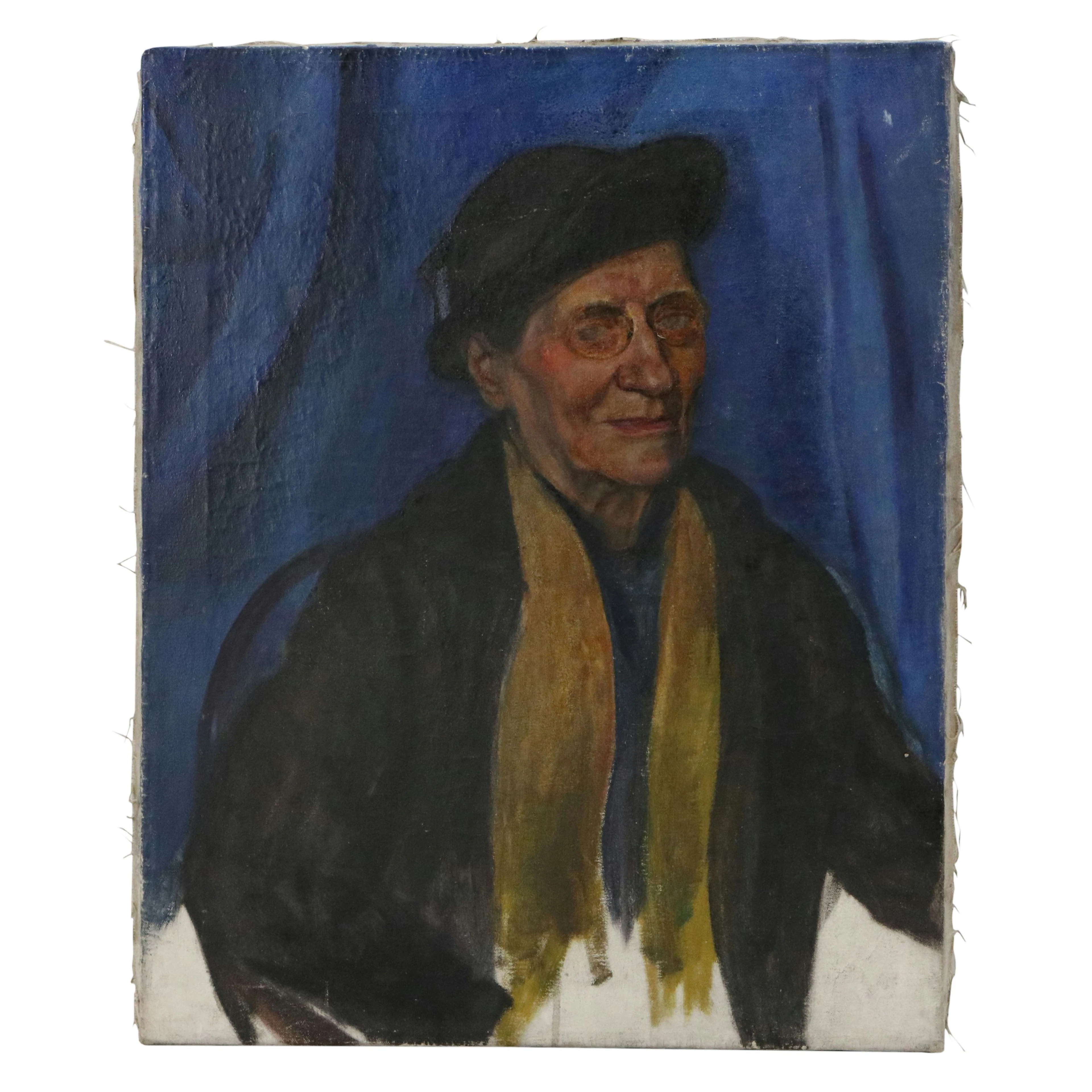 American School Realist Portrait Oil Painting of Elderly Man in Dark