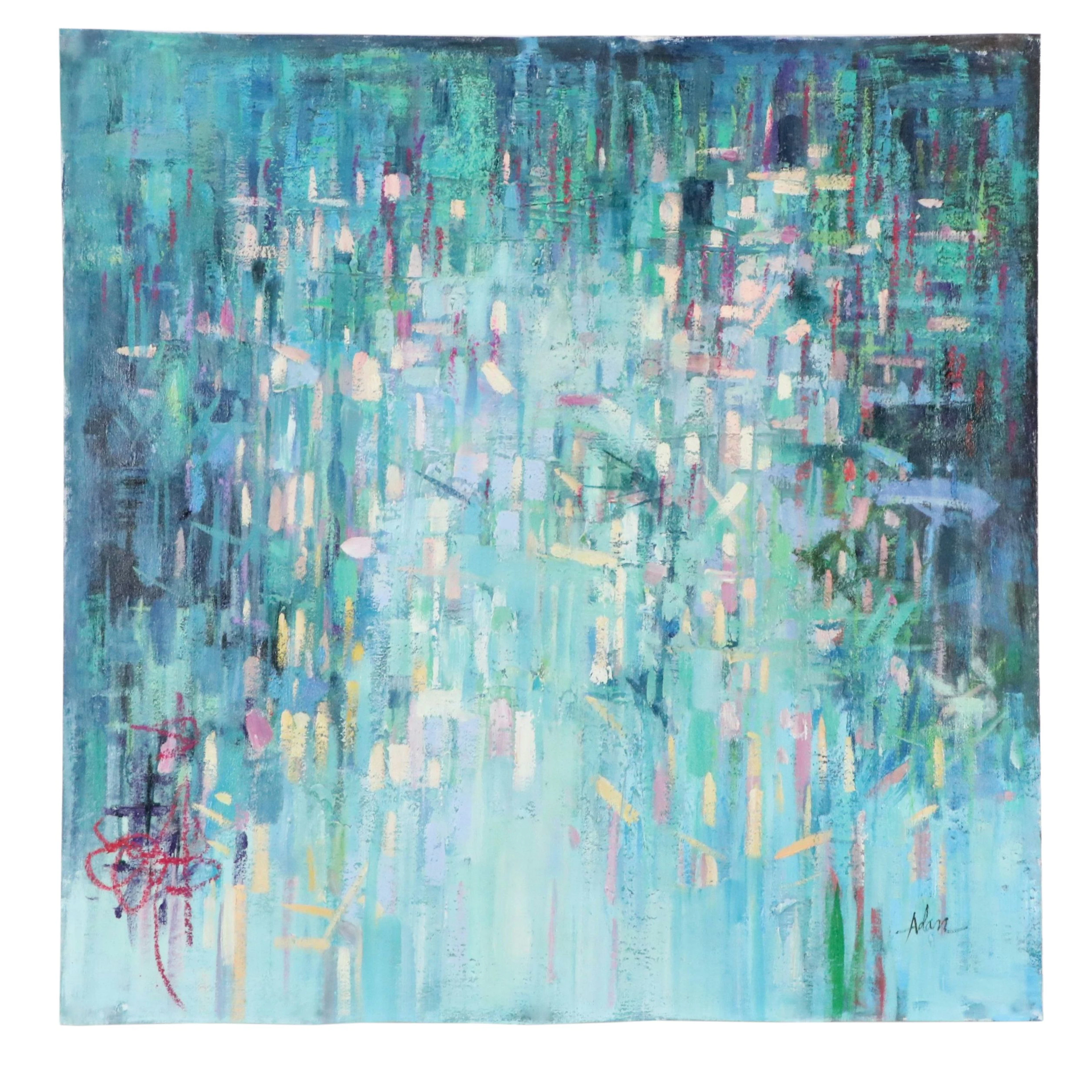 Adan Abstract Oil Painting "City Lights, Water's Edge," 21st Century