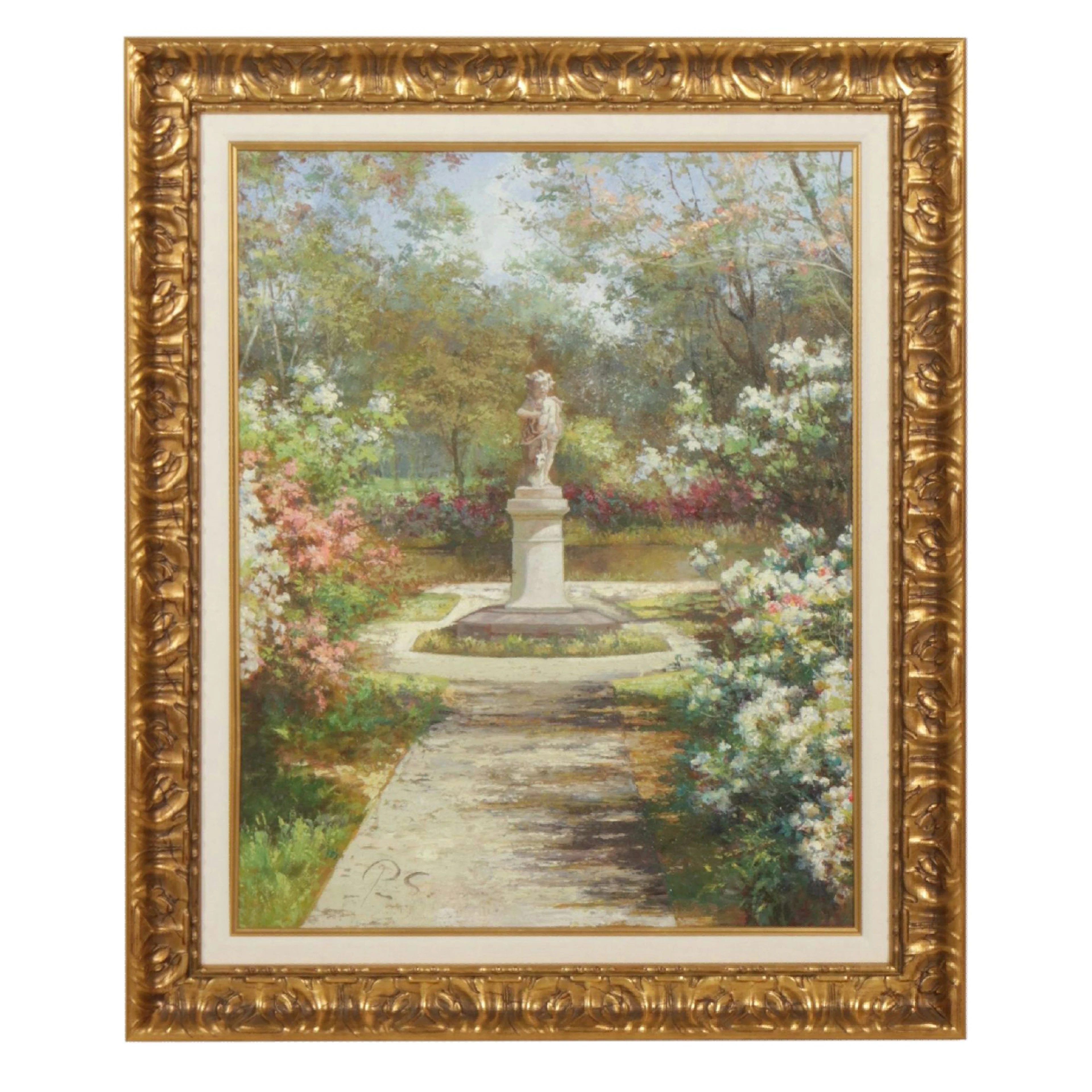 Impressionist Style Landscape Oil Painting of Flower Garden Path and Statue