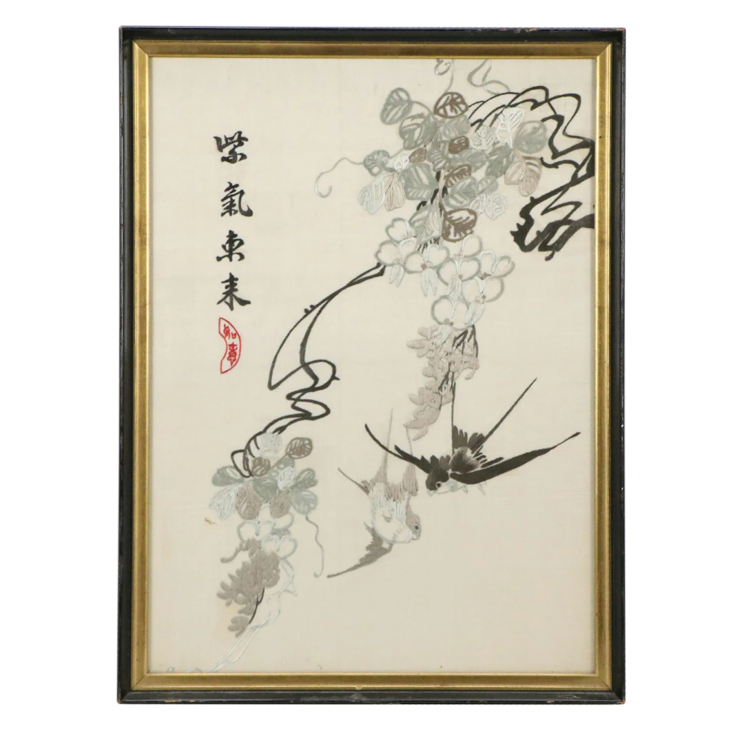 Chinese School Embroidery on Silk of Swallows, 20th Century