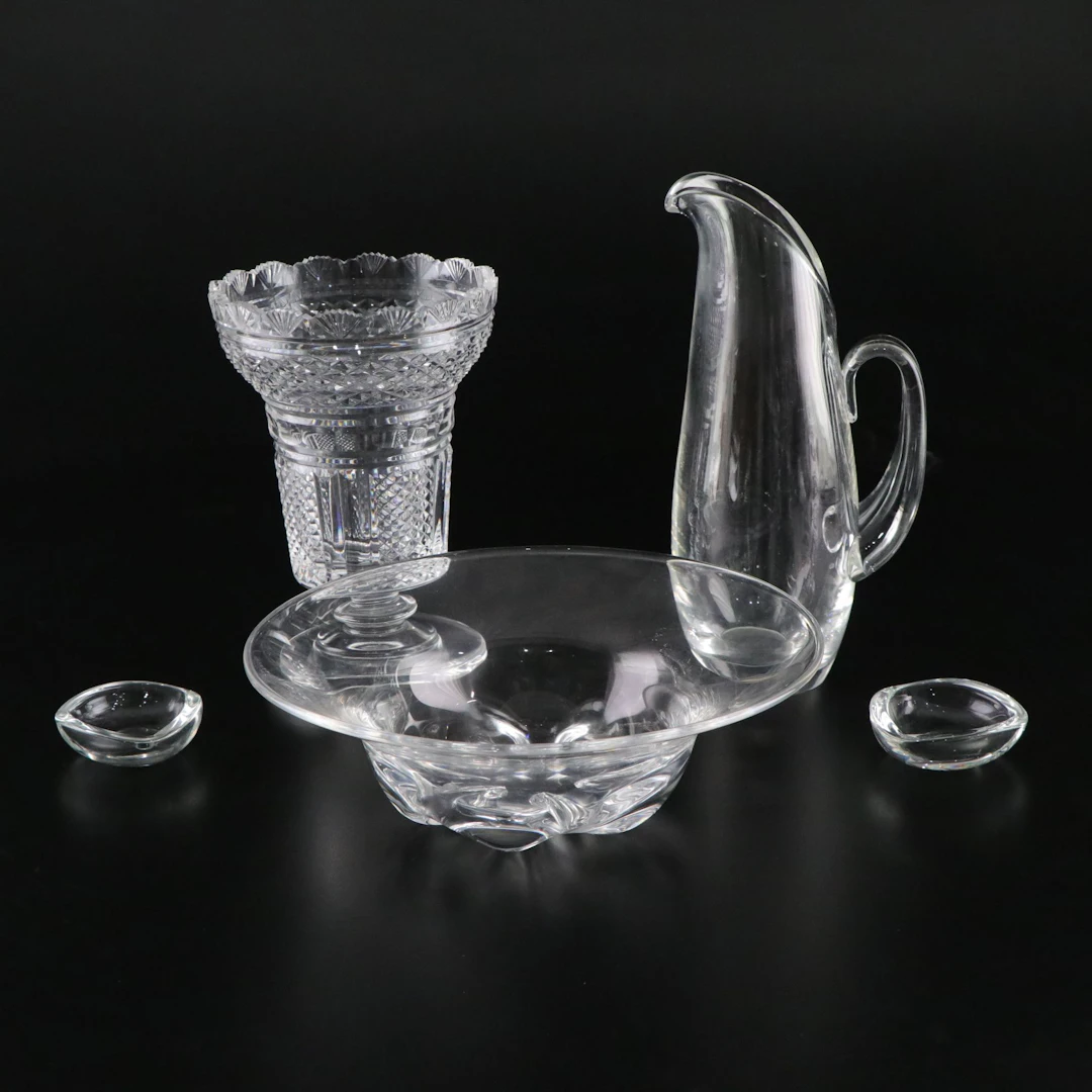 Waterford Crystal "Hibernia" Vase, Steuben Glass Pitcher, Orrefors Bowl