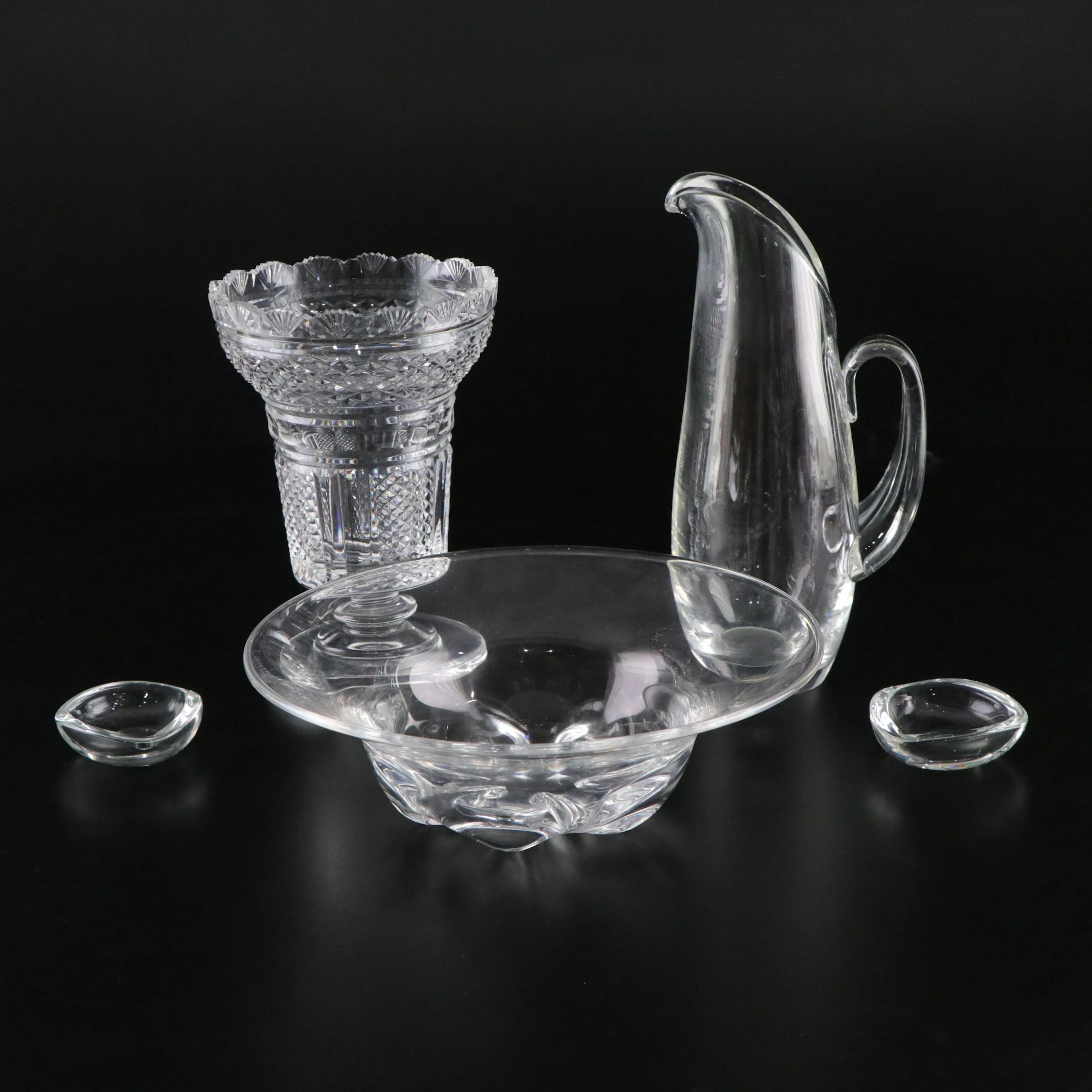 Waterford Crystal "Hibernia" Vase, Steuben Glass Pitcher, Orrefors Bowl