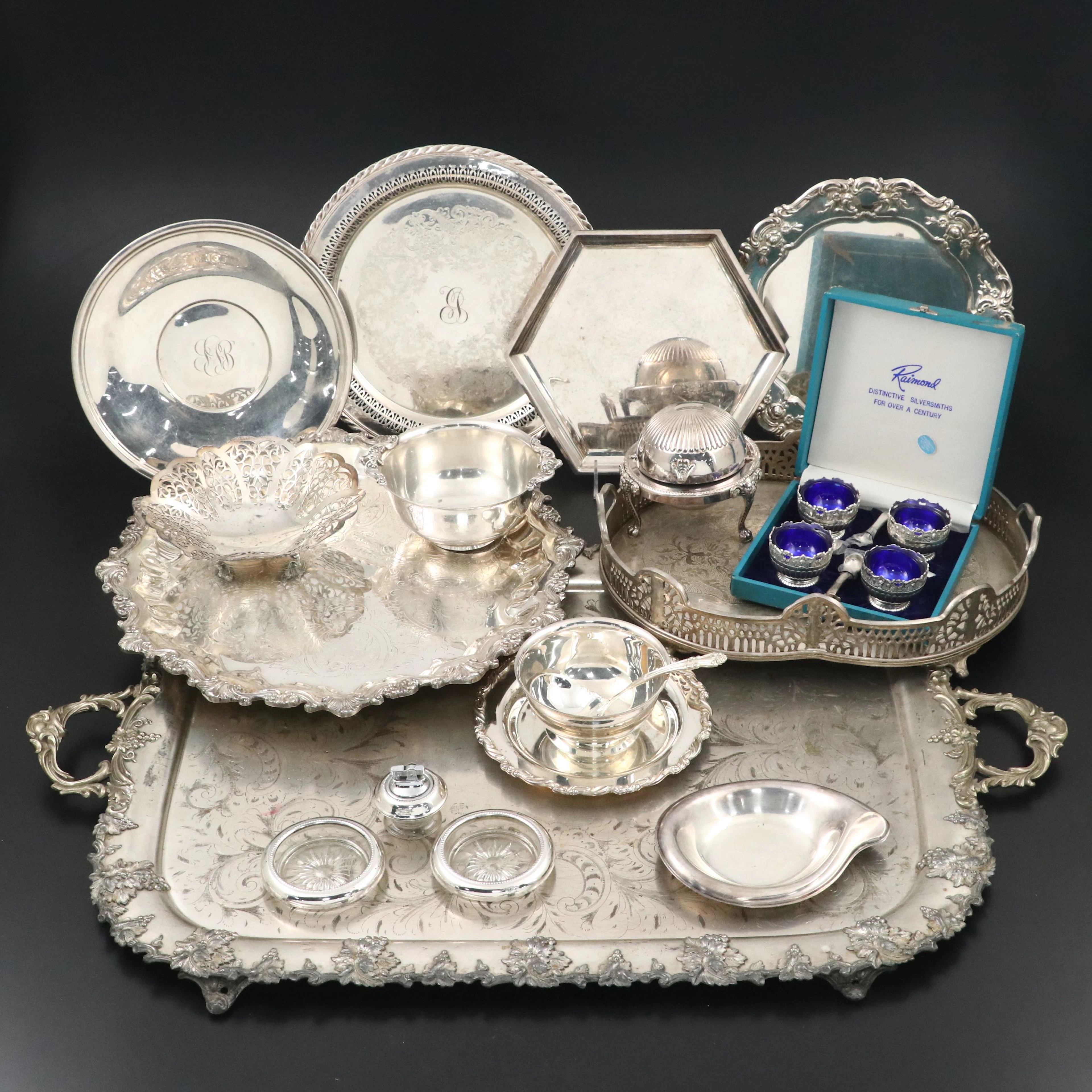 Frank M. Whiting Sterling Rim Coasters and Lighter with Silver Plate Serveware