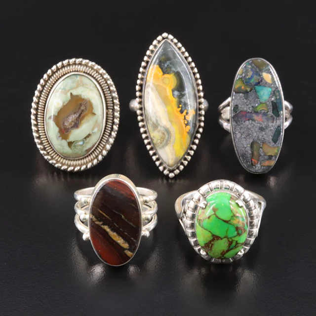 Bumblebee Jasper, Tiger Iron and Composite Stone Featured in Sterling Rings