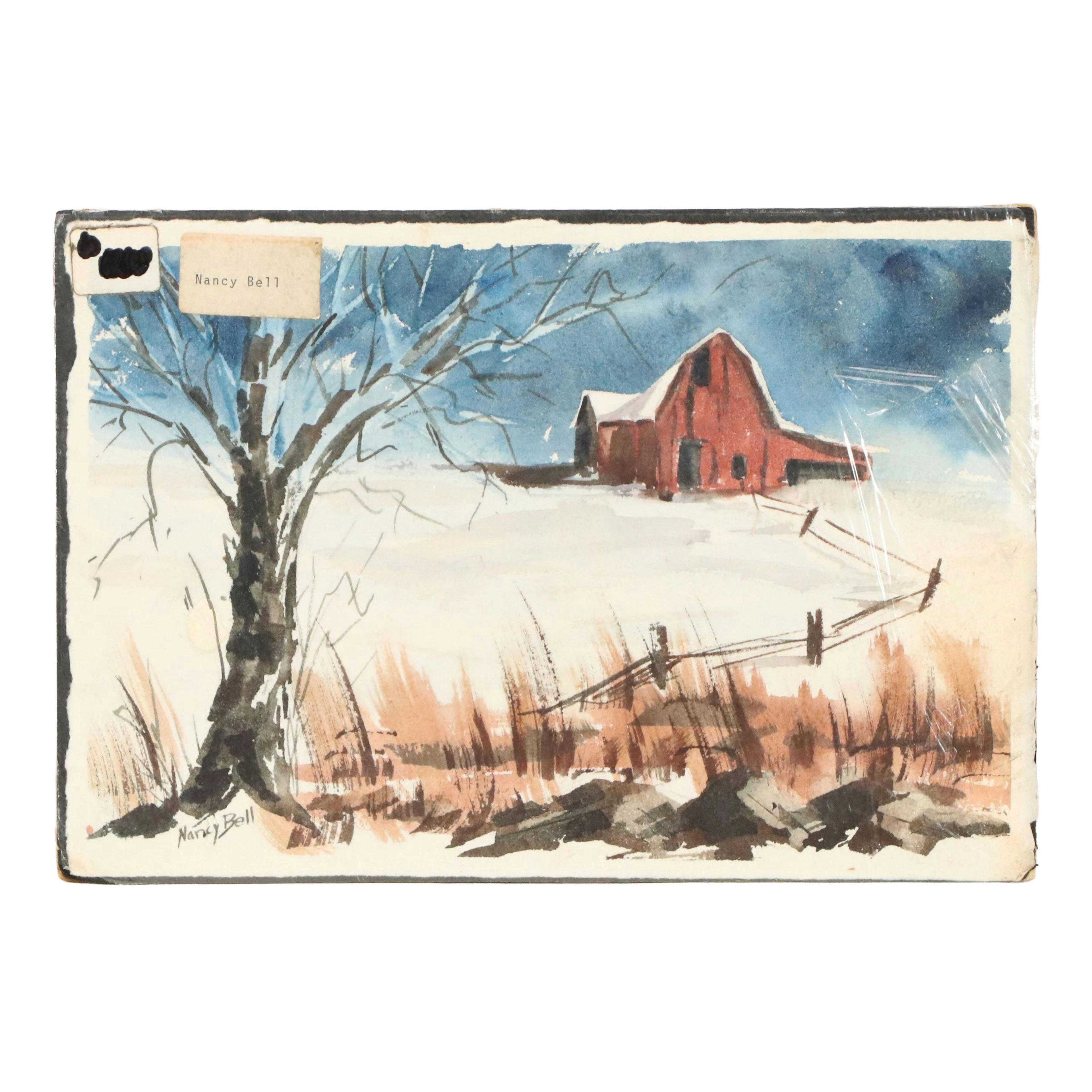 Nancy Bell Landscape Watercolor Painting of Snowy Farm Scene, c. 1970