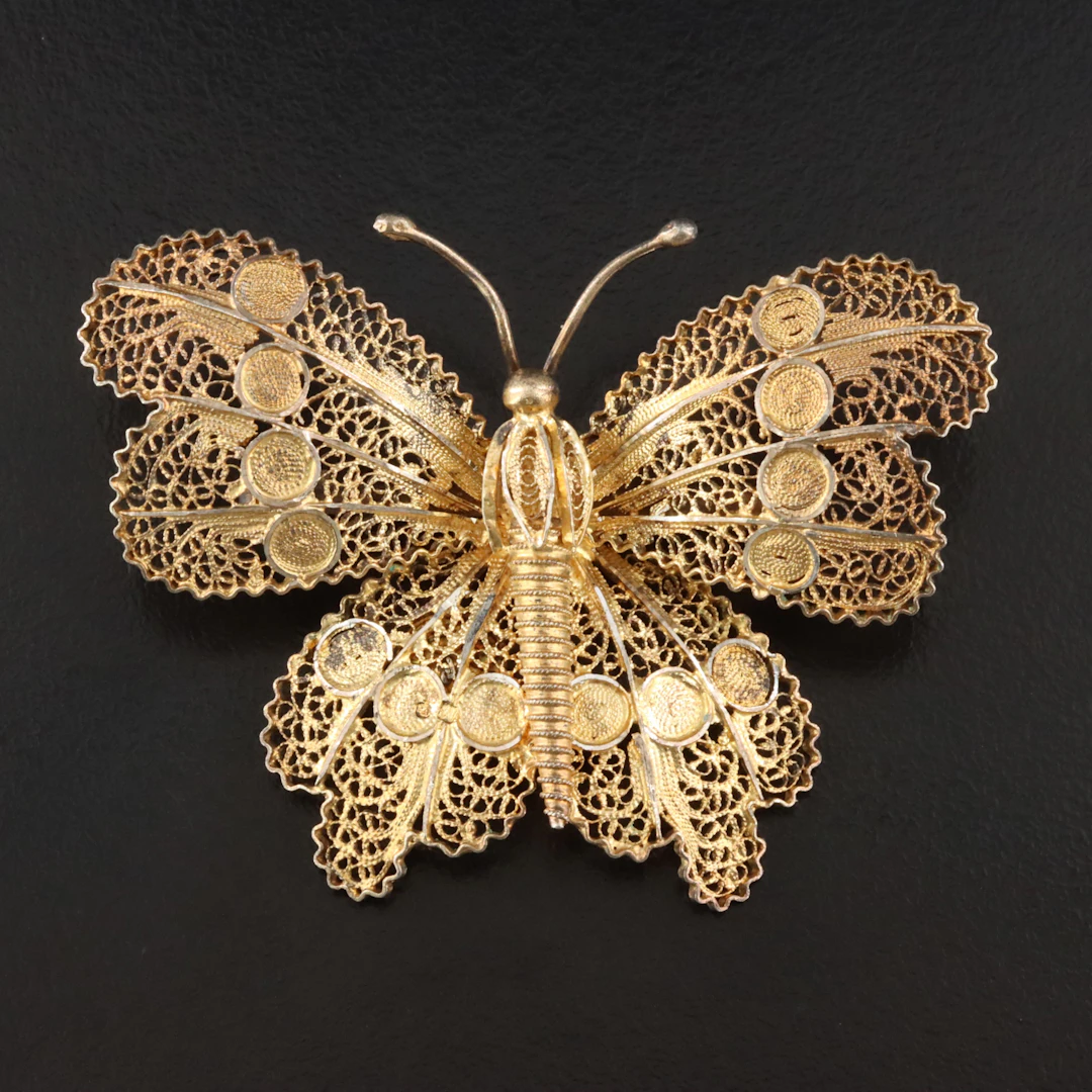 Portuguese Sterling Filigree Butterfly Brooch