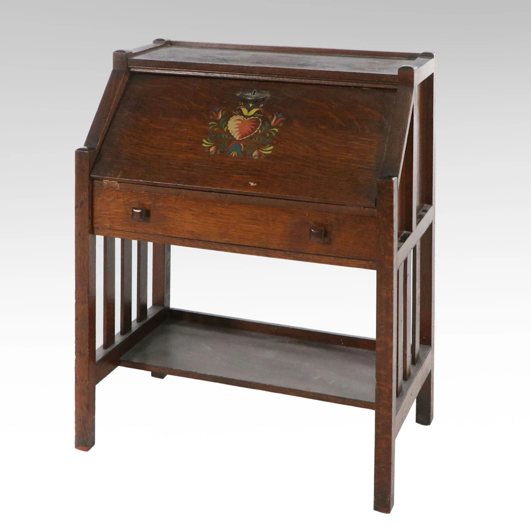 Mission Style Oak Drop-Front Secretary Desk with Painted Stencil