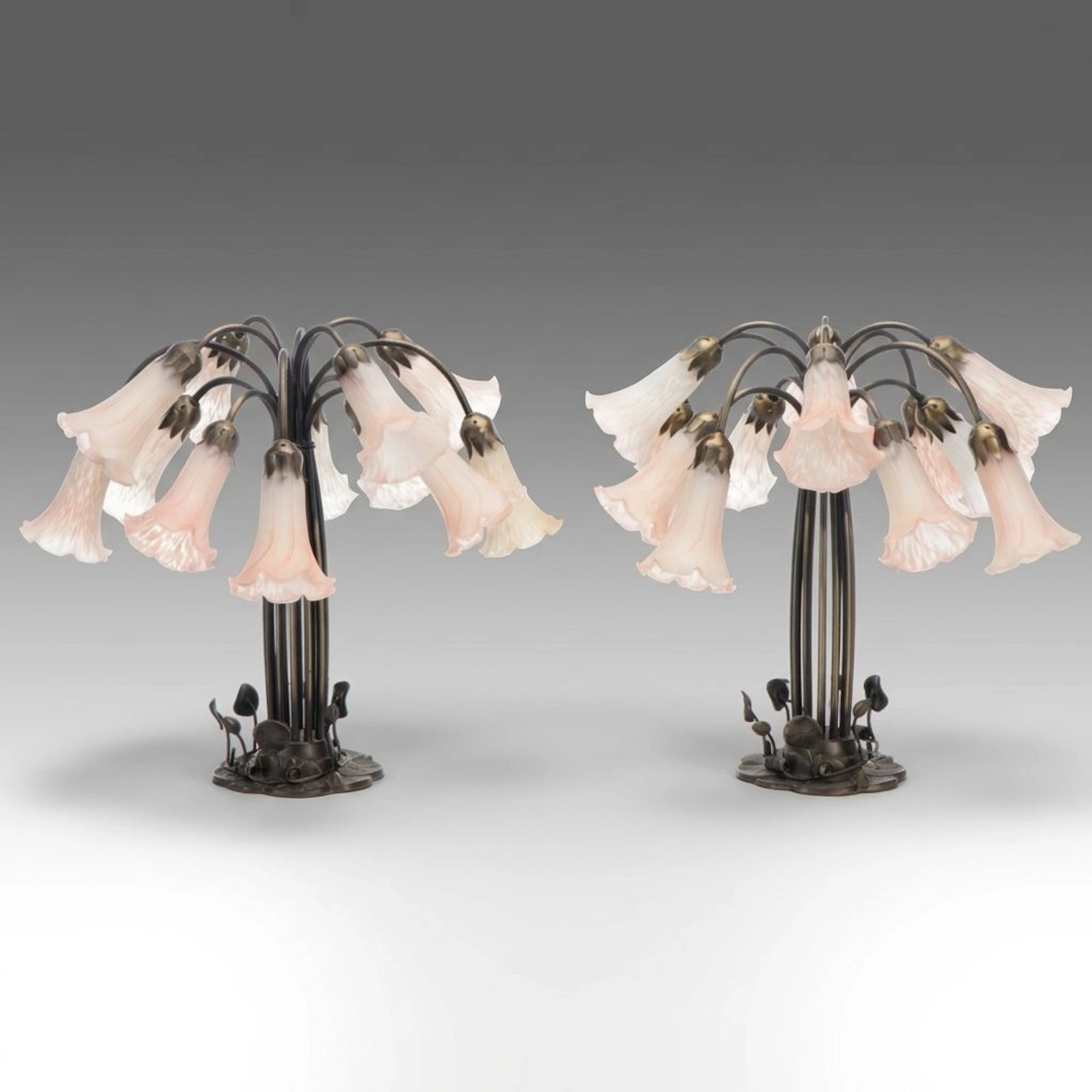 Tiffany Style Bronzed and Pink Glass Pond Lily Table Lamps