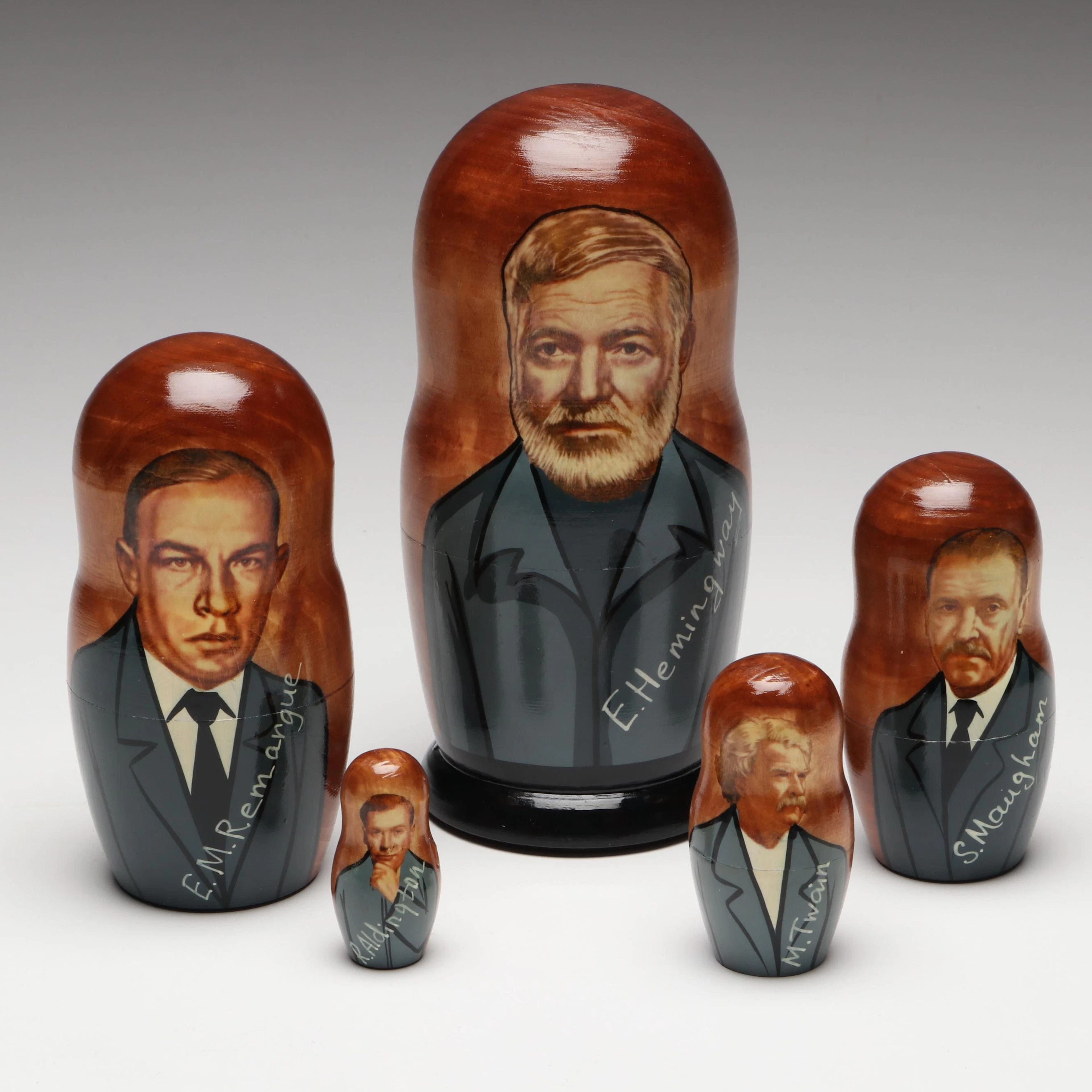 Handmade Wooden Nesting Dolls of Ernest Hemingway and Other Notable Writers