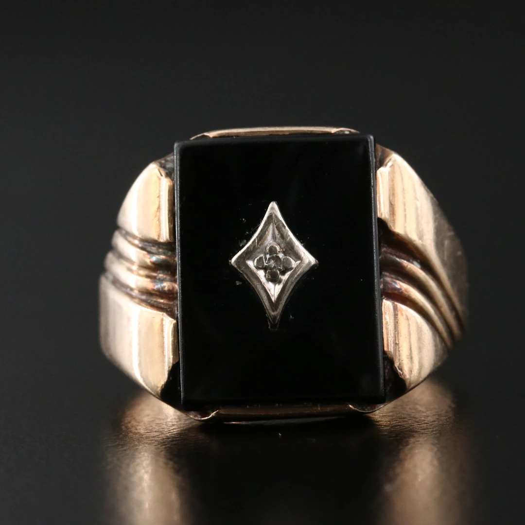 Vintage 10K Black Onyx and Diamond Ring