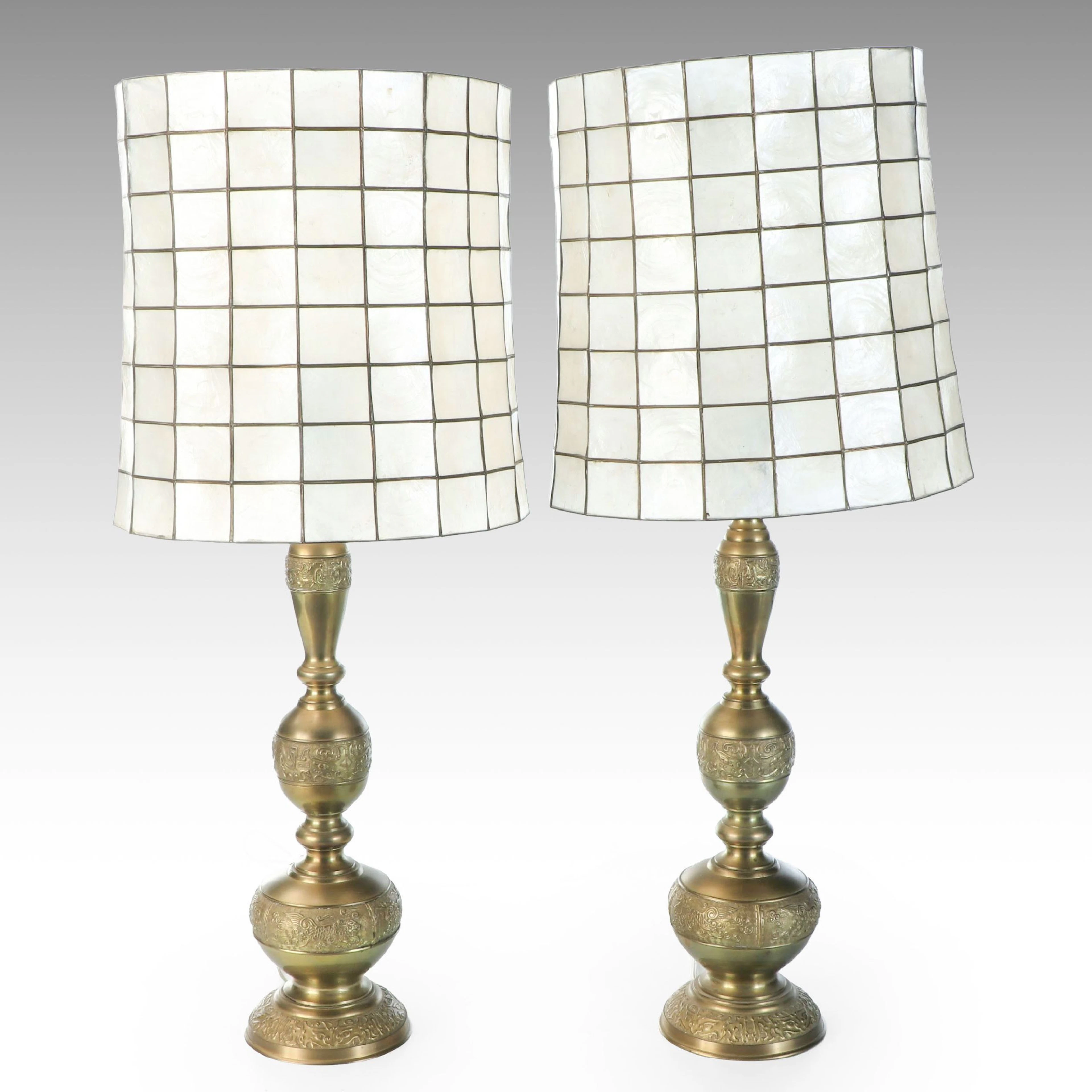 Chinese Embossed Brass Table Lamps with Checkered Capiz Shell Shades