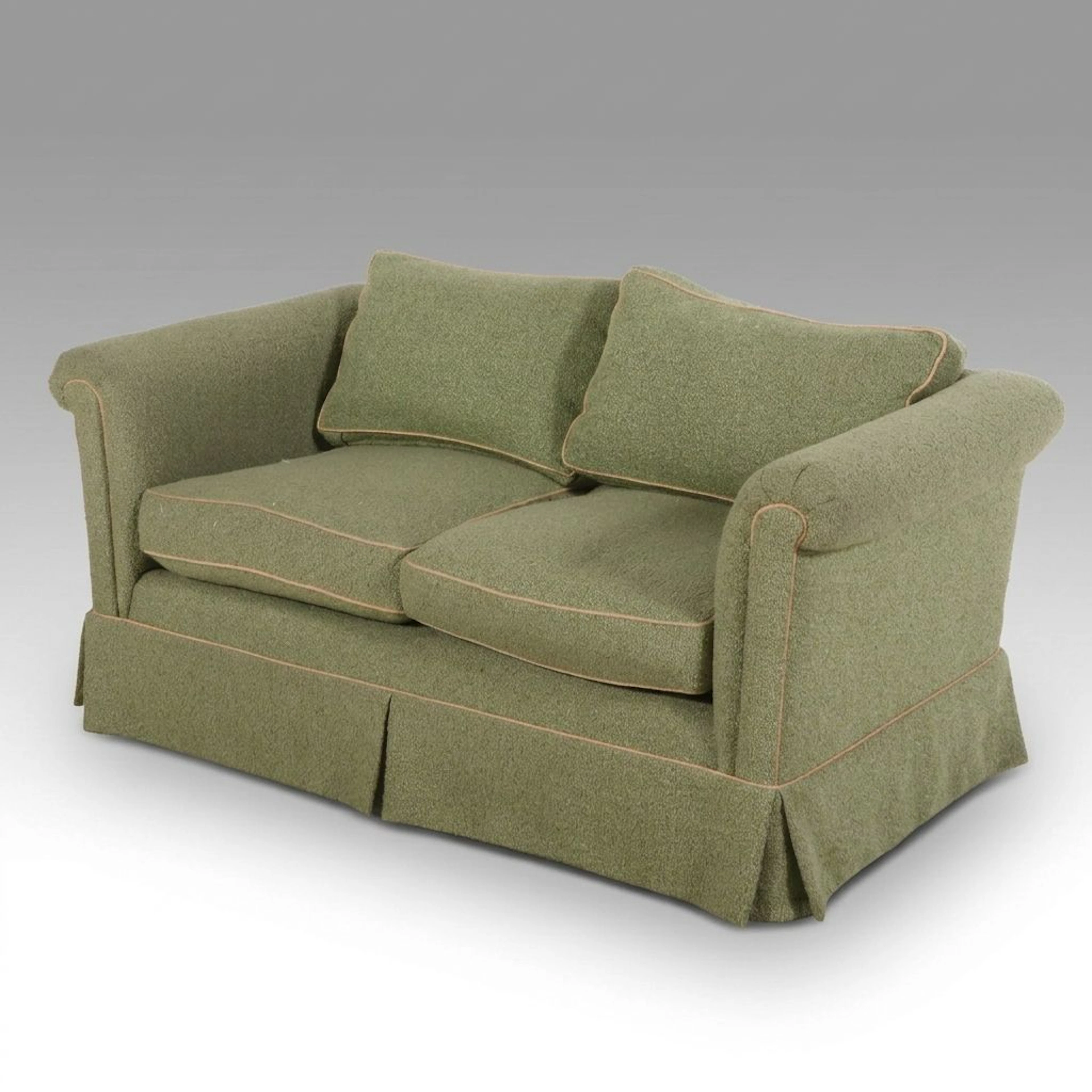 Green Tweed Skirted Loveseat with Contrasting Piping, 20th Century