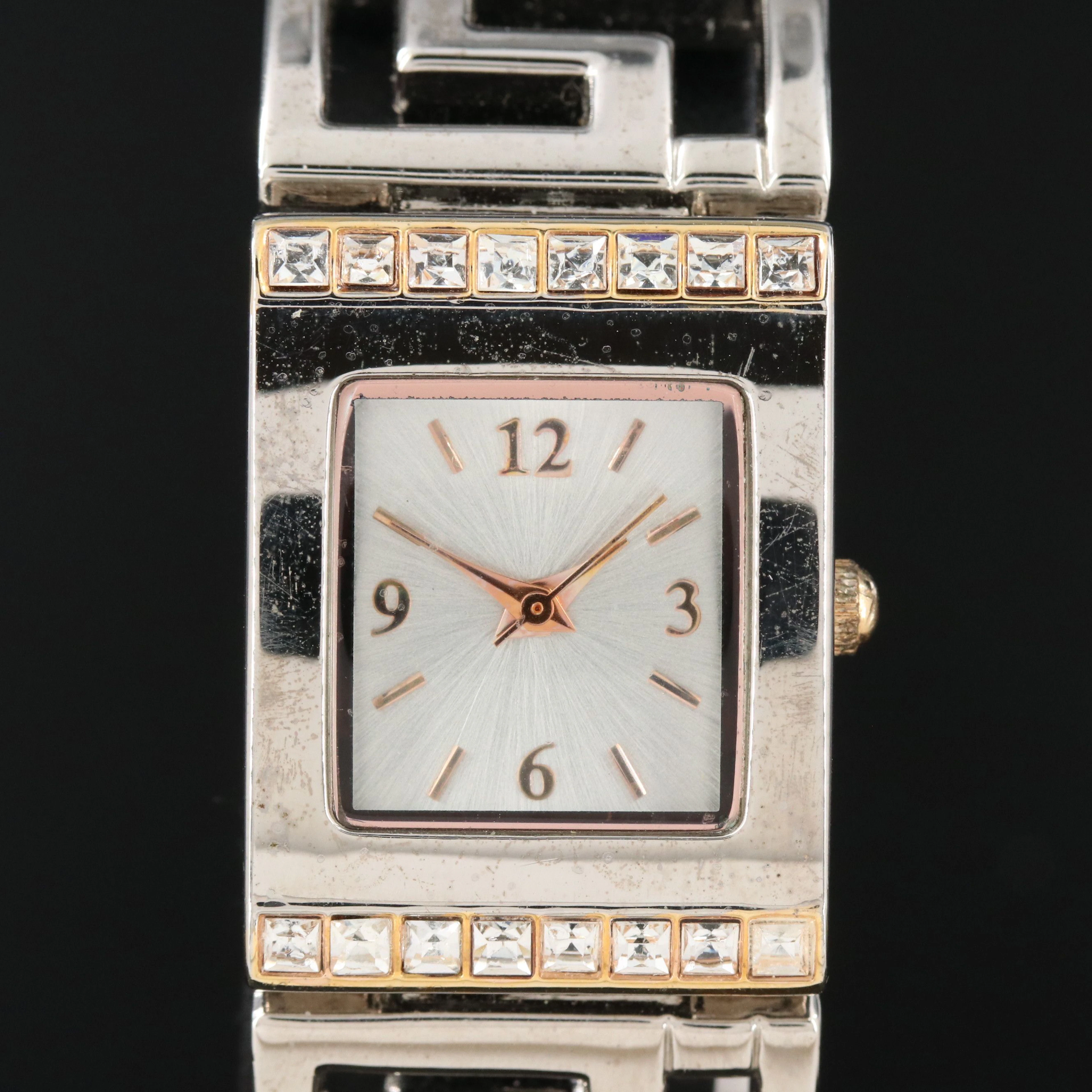 Allude Crystal Accented Greek Key Motif Two Tone Stainless Steel Quartz Watch