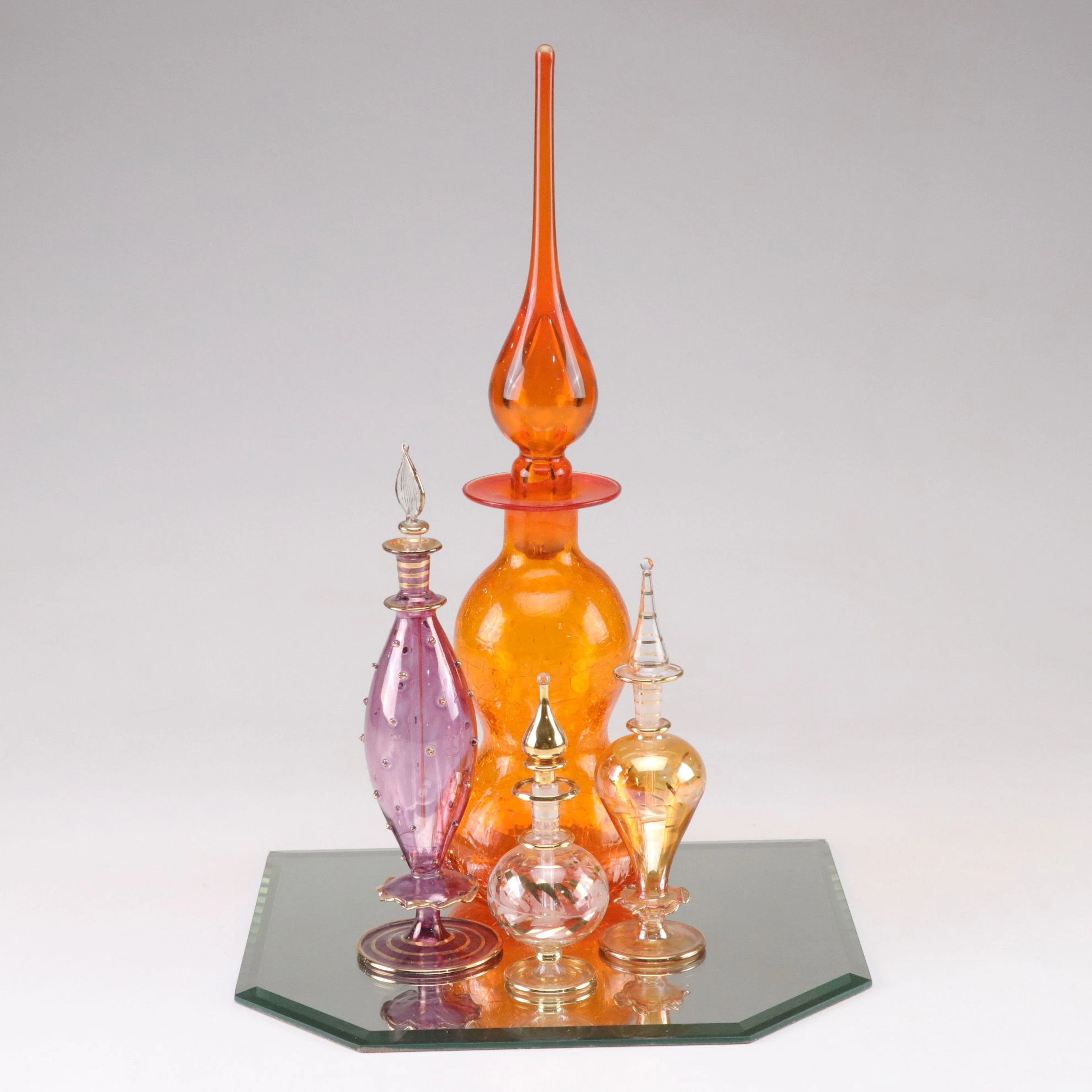 Blenko Style Crackle Art Glass Decanter, Glass Perfume Bottles & Display Mirror