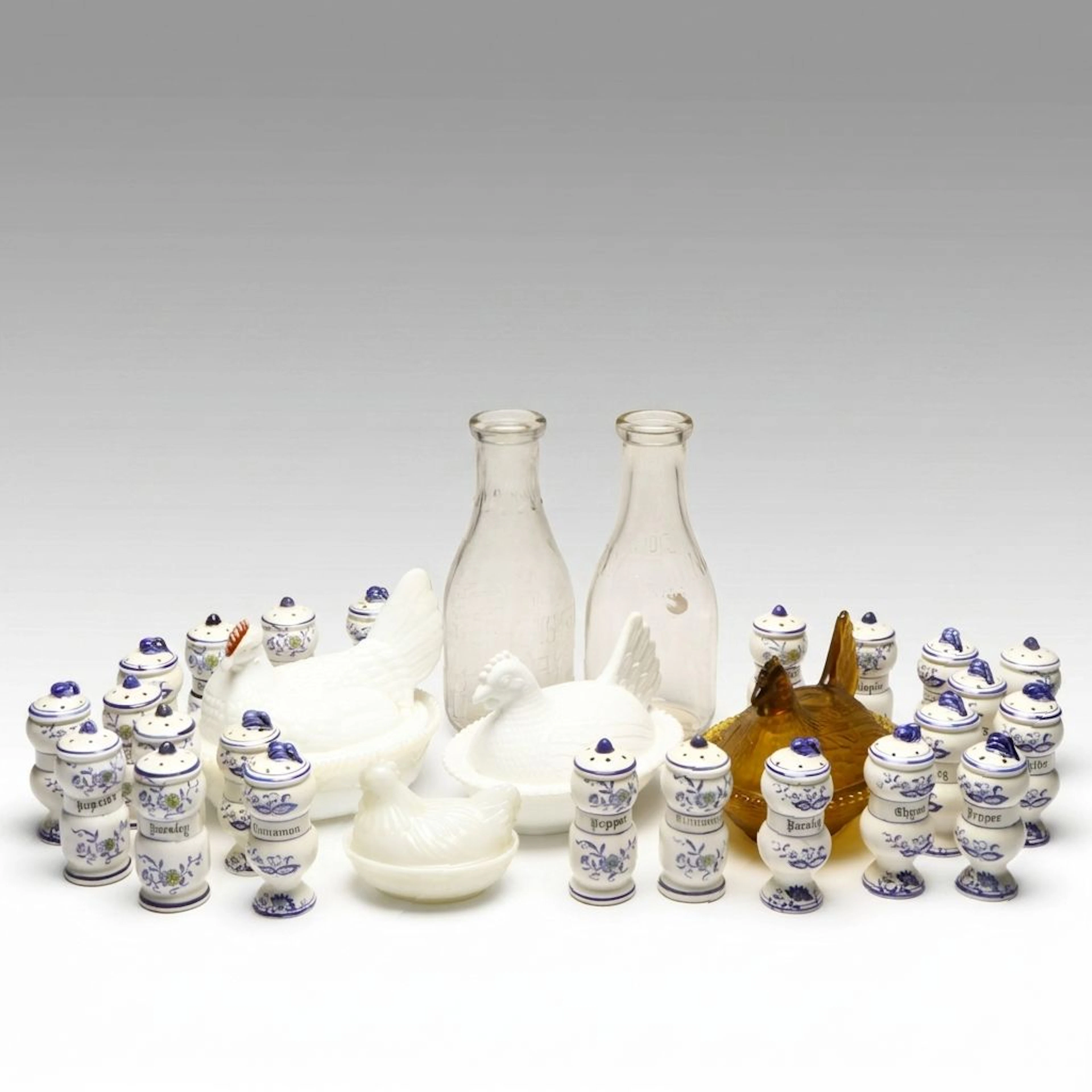 Amber and Milk Glass Hen on Nest Candy Dishes with Other Kitchenware