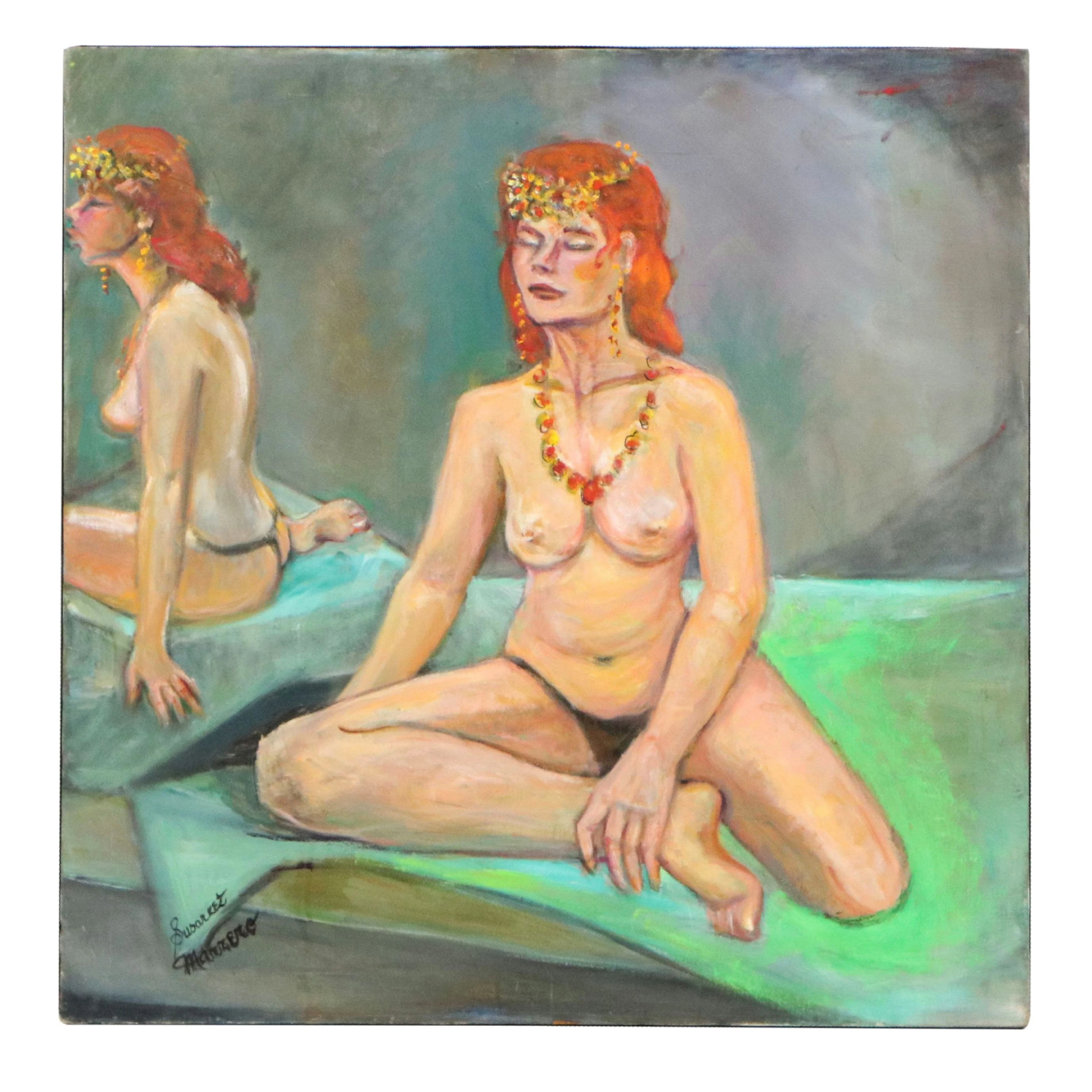 Edith Susarret Marrero Oil Painting of Seated Female Nude with Headpiece