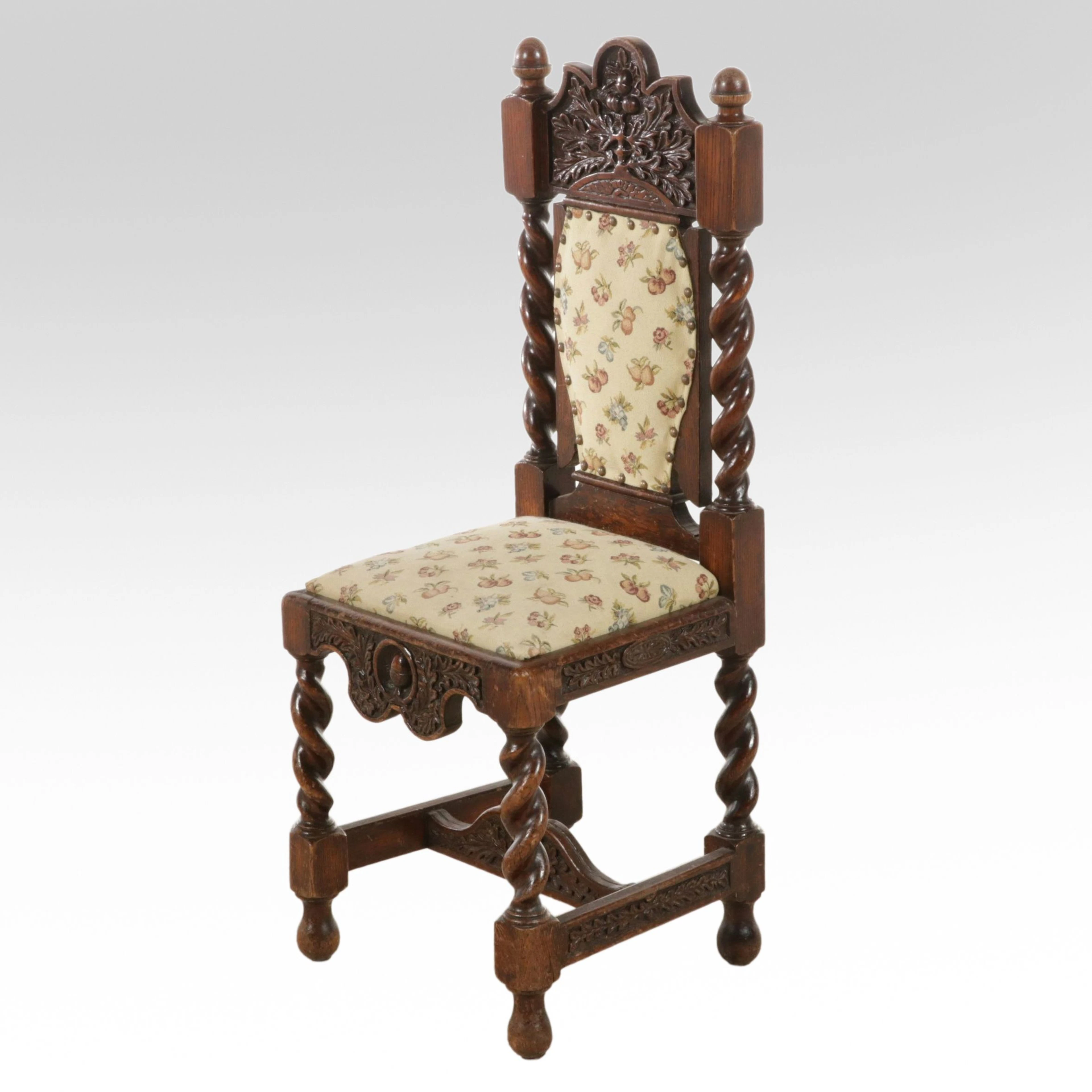 Jacobean Style Carved Oak Side Chair with Upholstered Seat and Back