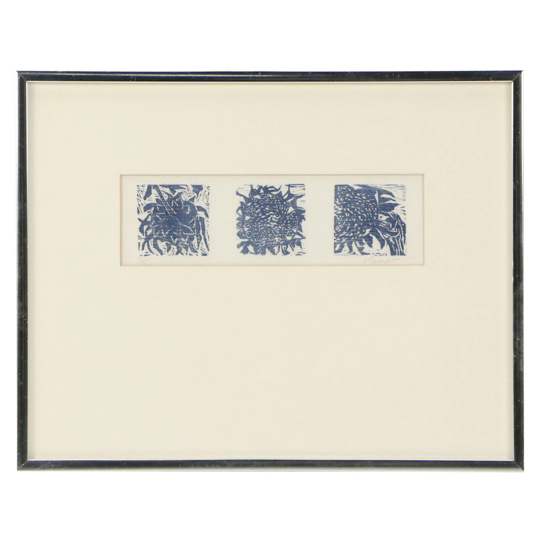 Vicky Dwyer Botanical Woodcut Print "Sunflowers," Late 20th Century