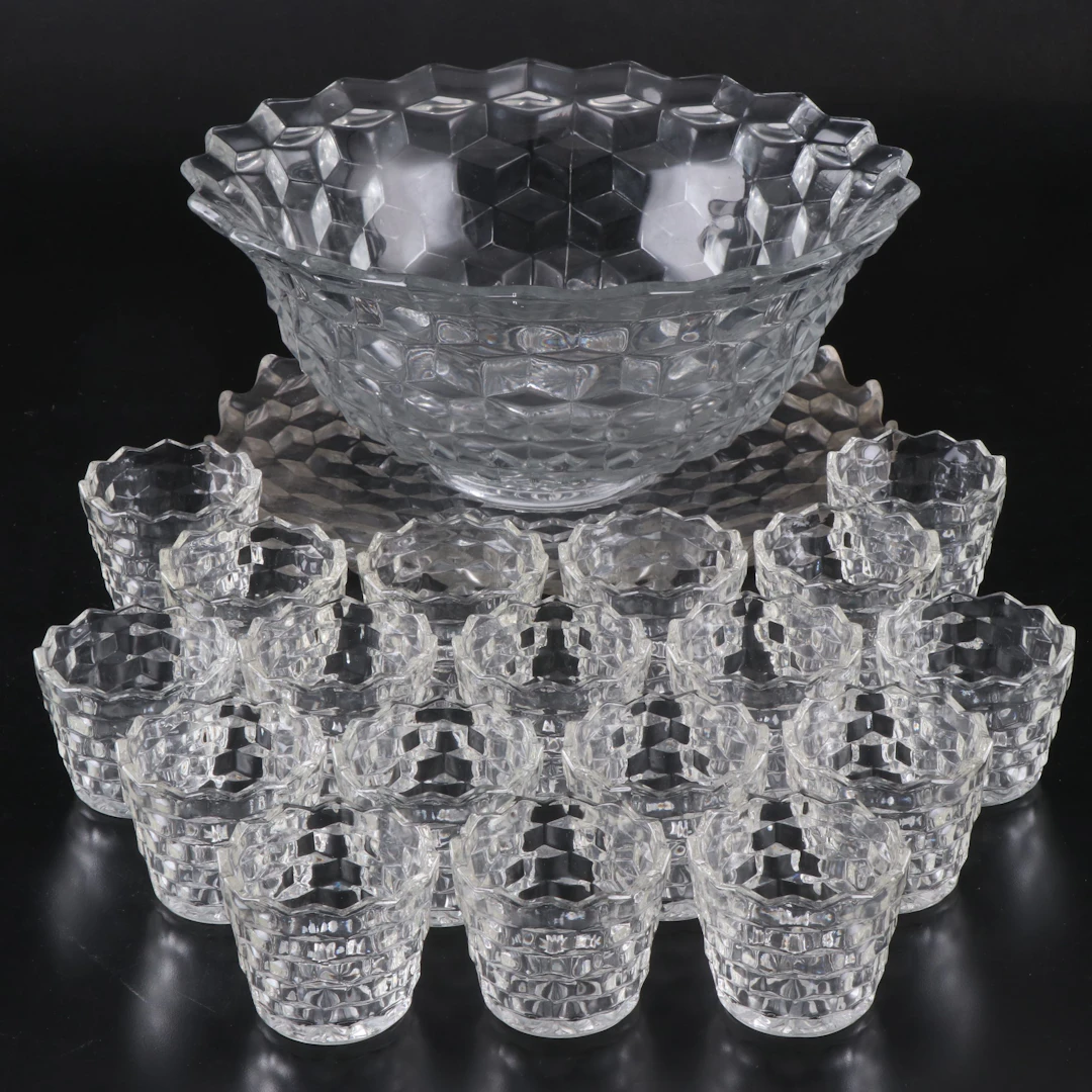 Fostoria "American Clear" Glass Punch Bowl with Platter and Sugar Barrels