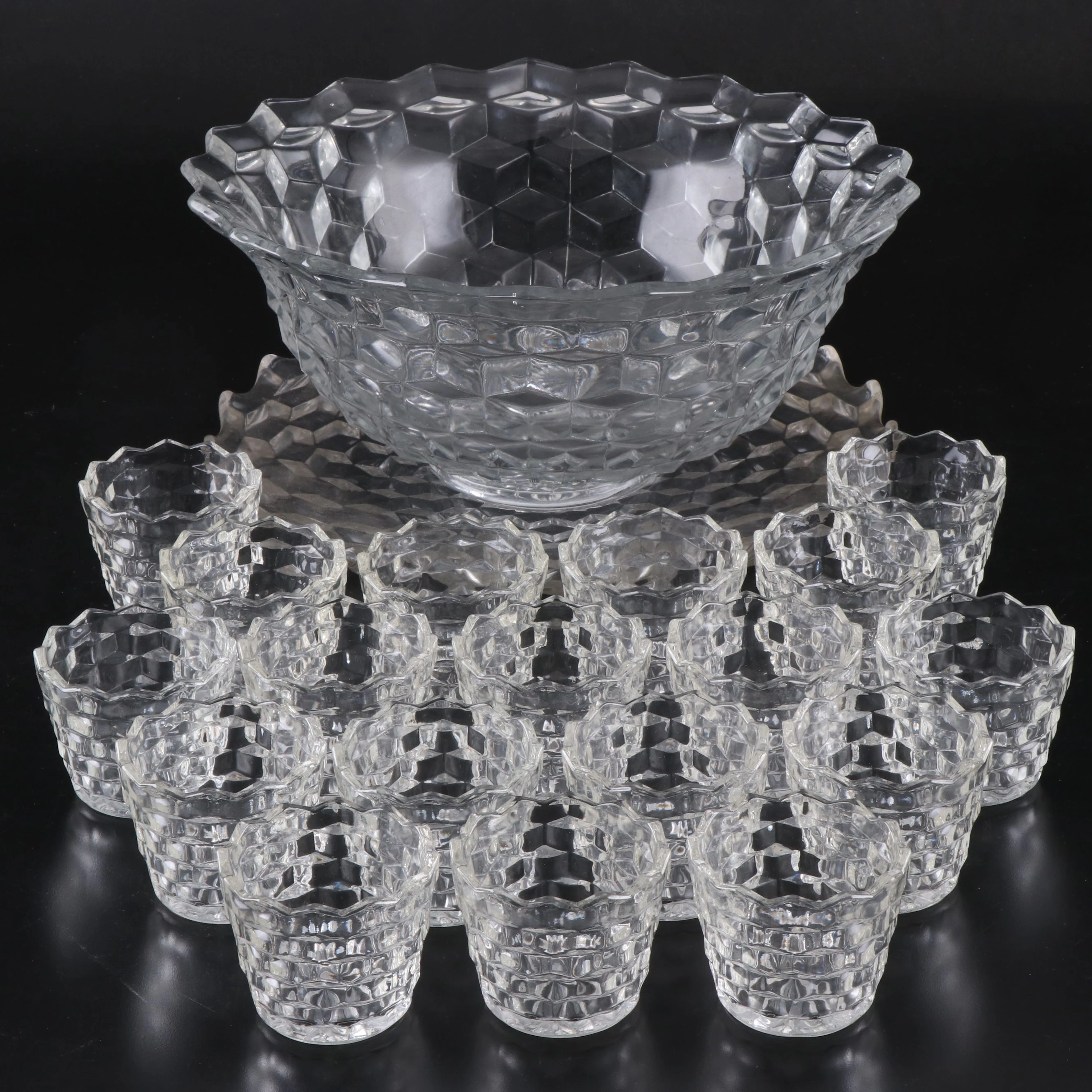 Fostoria "American Clear" Glass Punch Bowl with Platter and Sugar Barrels