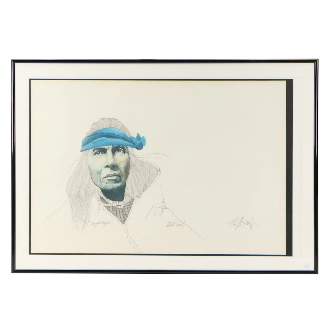 Rudy Montoya Jr. Portrait Offset Lithograph "Eagle Eyes," Late 20th Century