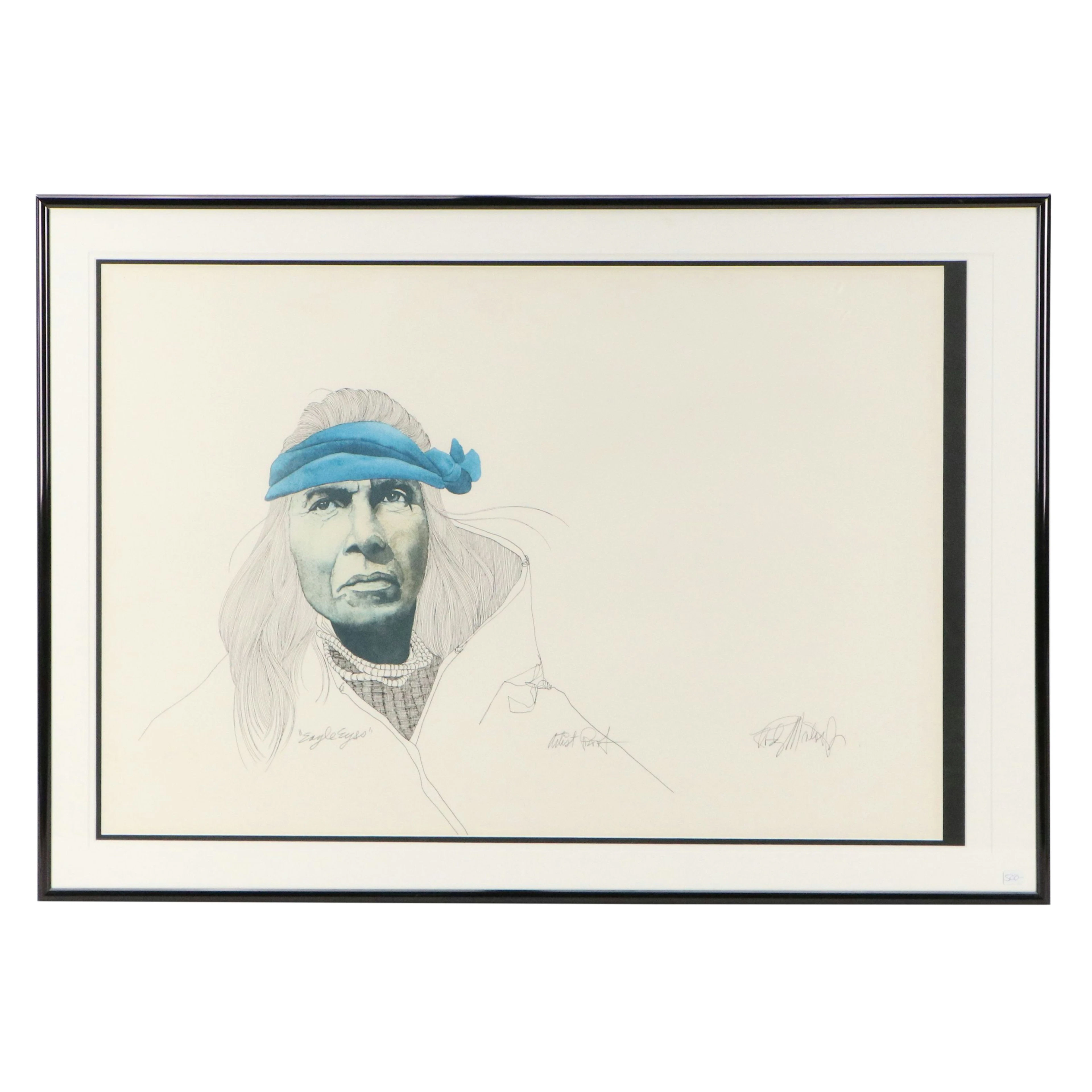 Rudy Montoya Jr. Portrait Offset Lithograph "Eagle Eyes," Late 20th Century