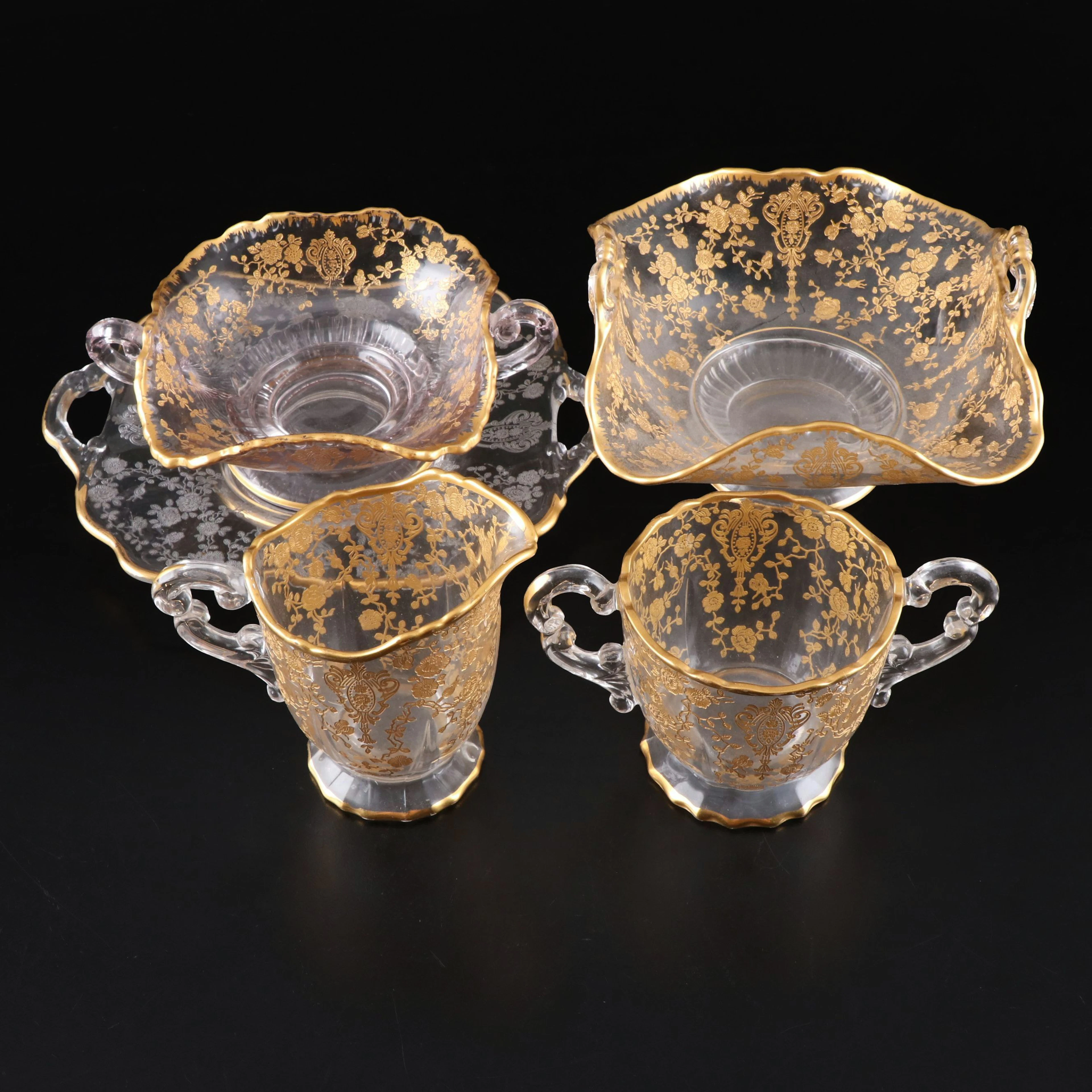 Cambridge "Rose Point" Gold Encrusted Glass Bonbons, Basket and More, 1935–1953