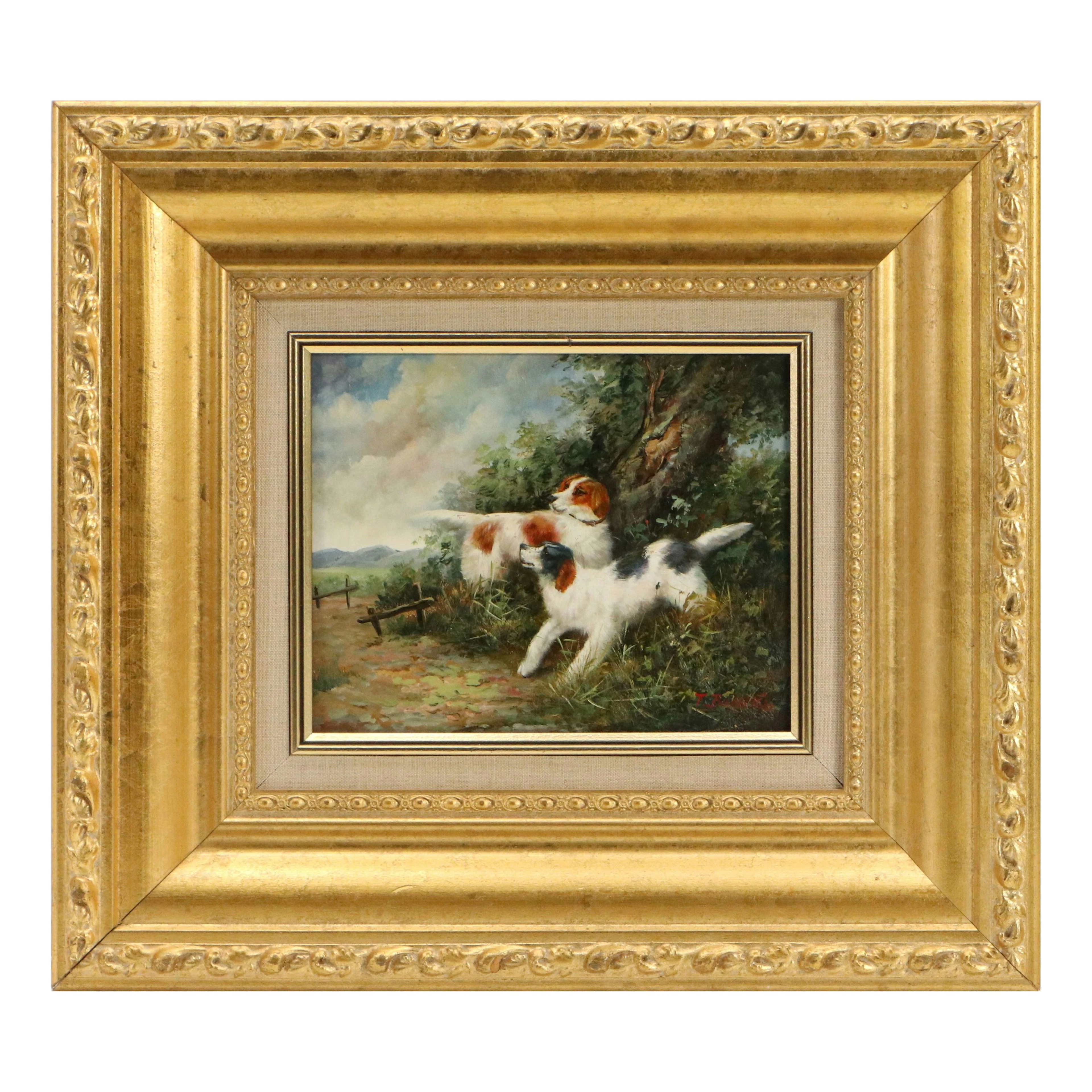 Stylized Animalier Oil Painting of Two Hunting Dogs
