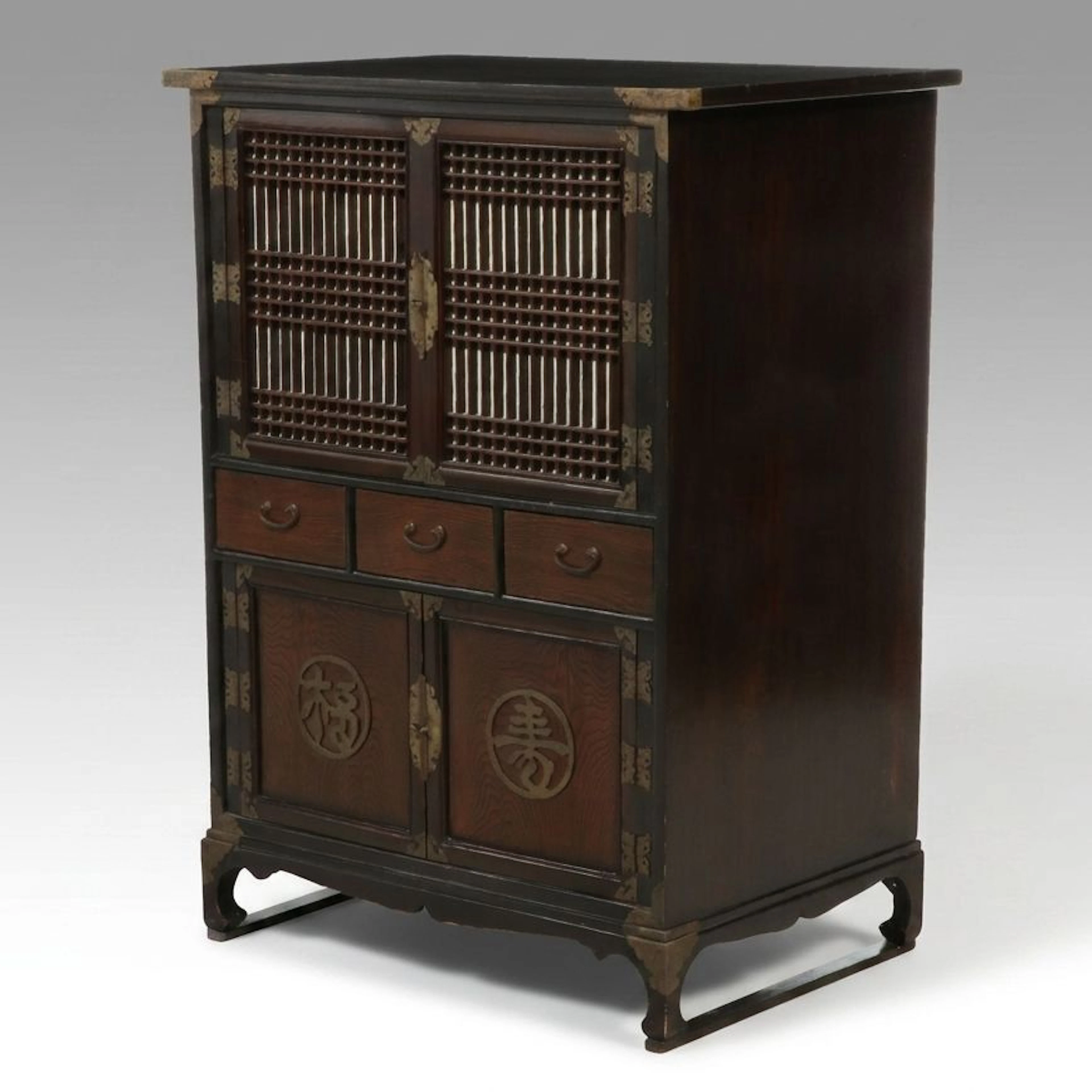 Antique Korean Brass-Mounted Two-Tier Wood Bandaji Storage Cabinet