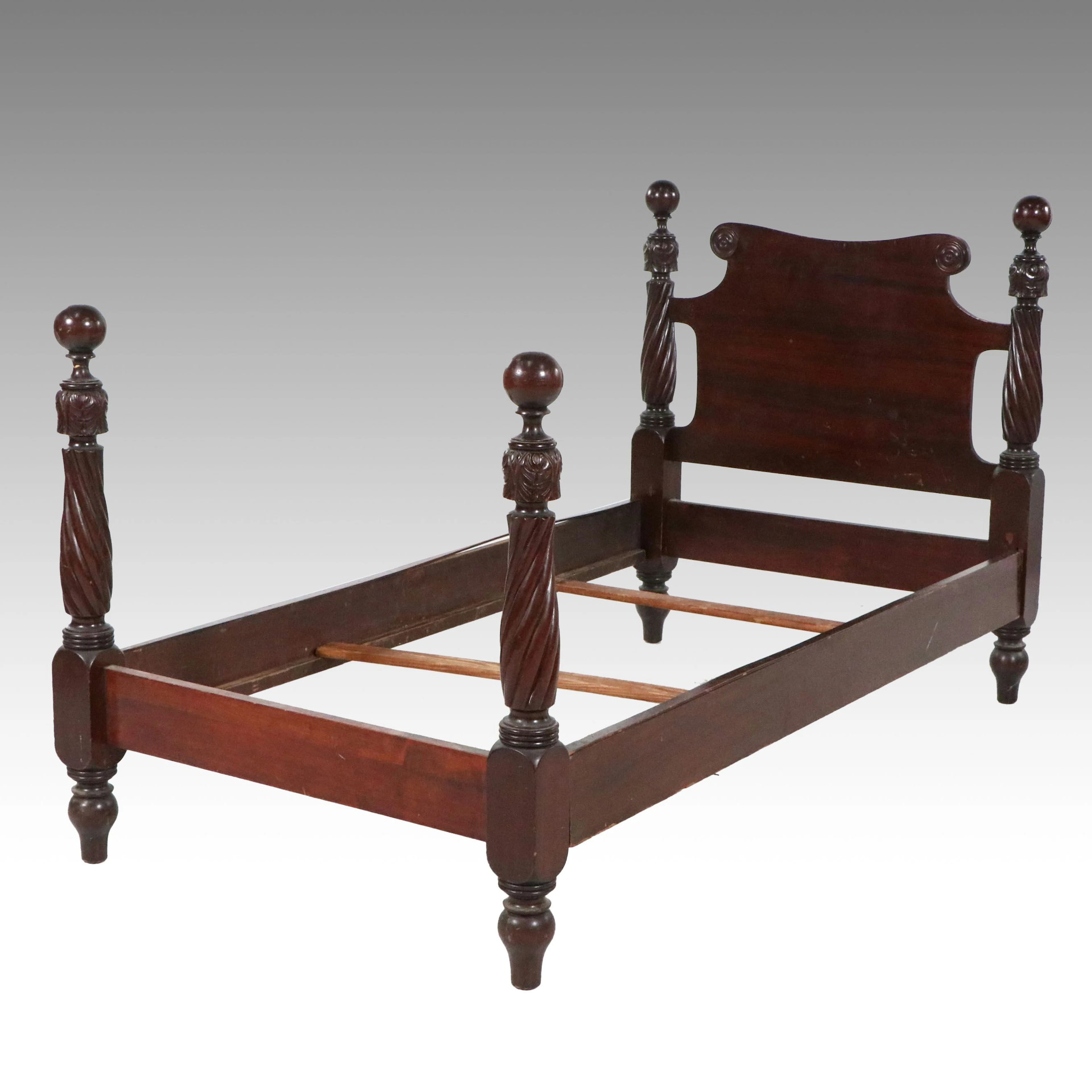 American Federal Carved Mahogany Four-Poster Twin Bed Frame