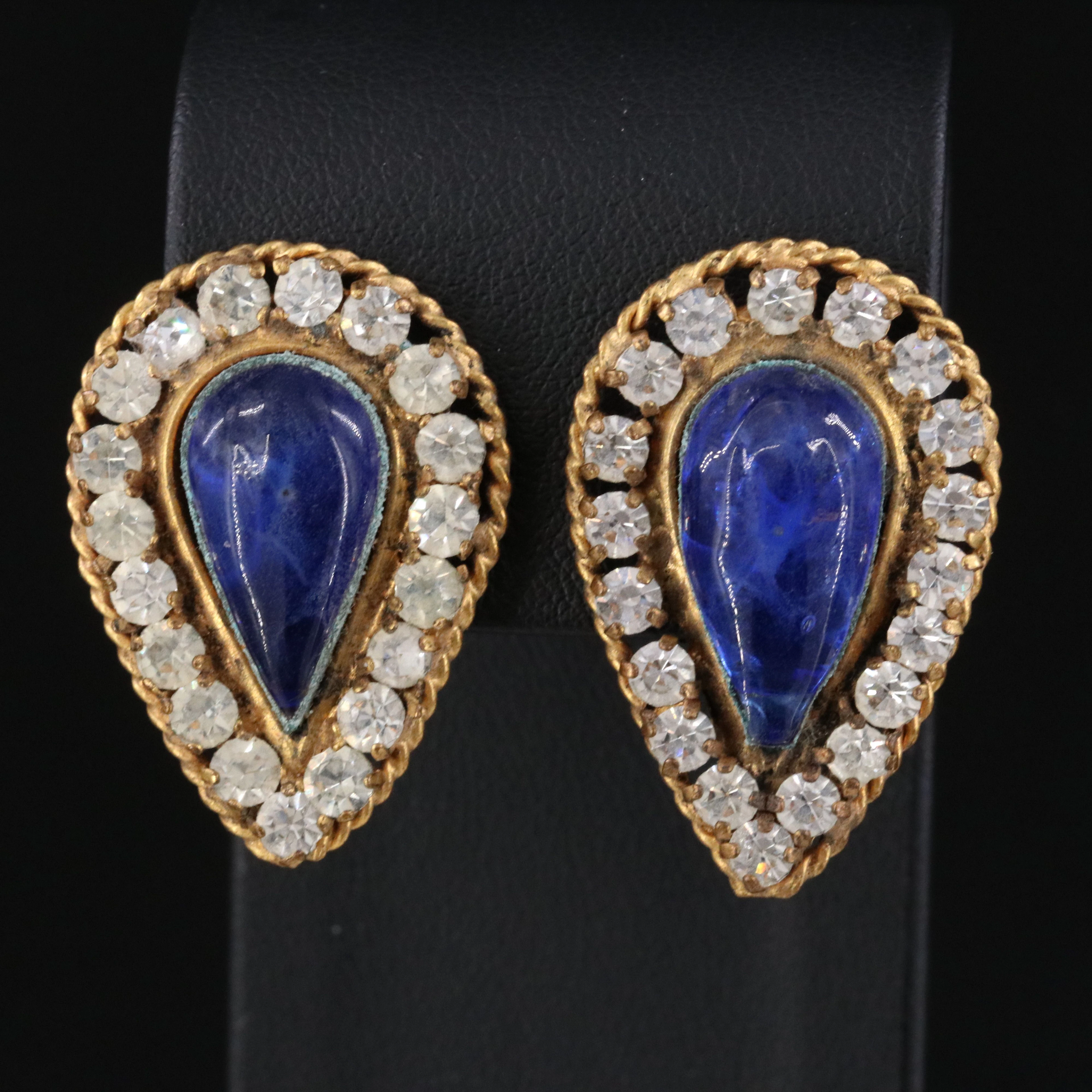 1960's Chanel Blue Gripoix Glass and Crystal Clip Earrings