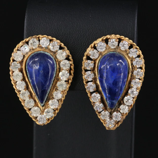 1960's Chanel Blue Gripoix Glass and Crystal Clip Earrings