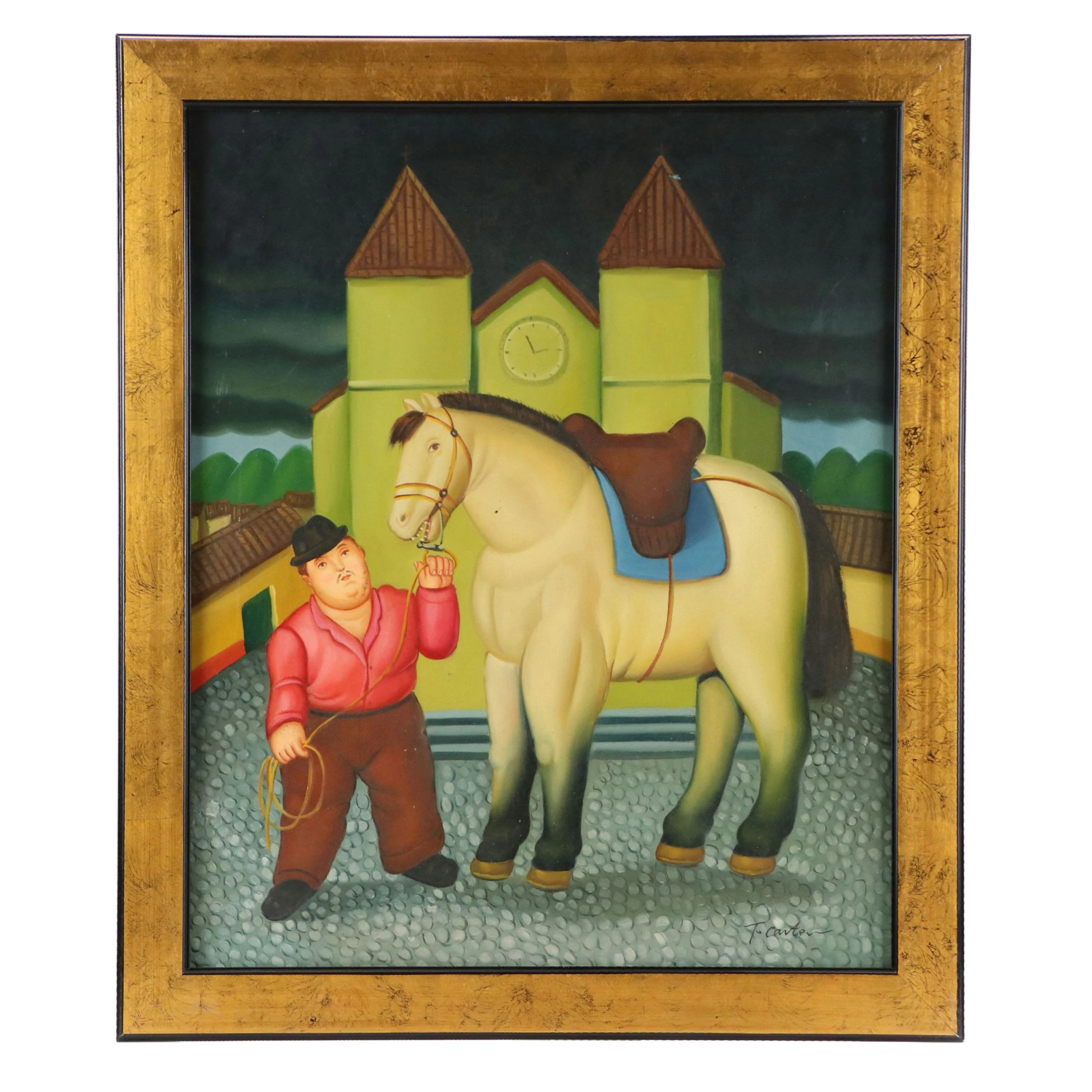 Oil Painting After Fernando Botero "Hombre y Caballo," 21st Century