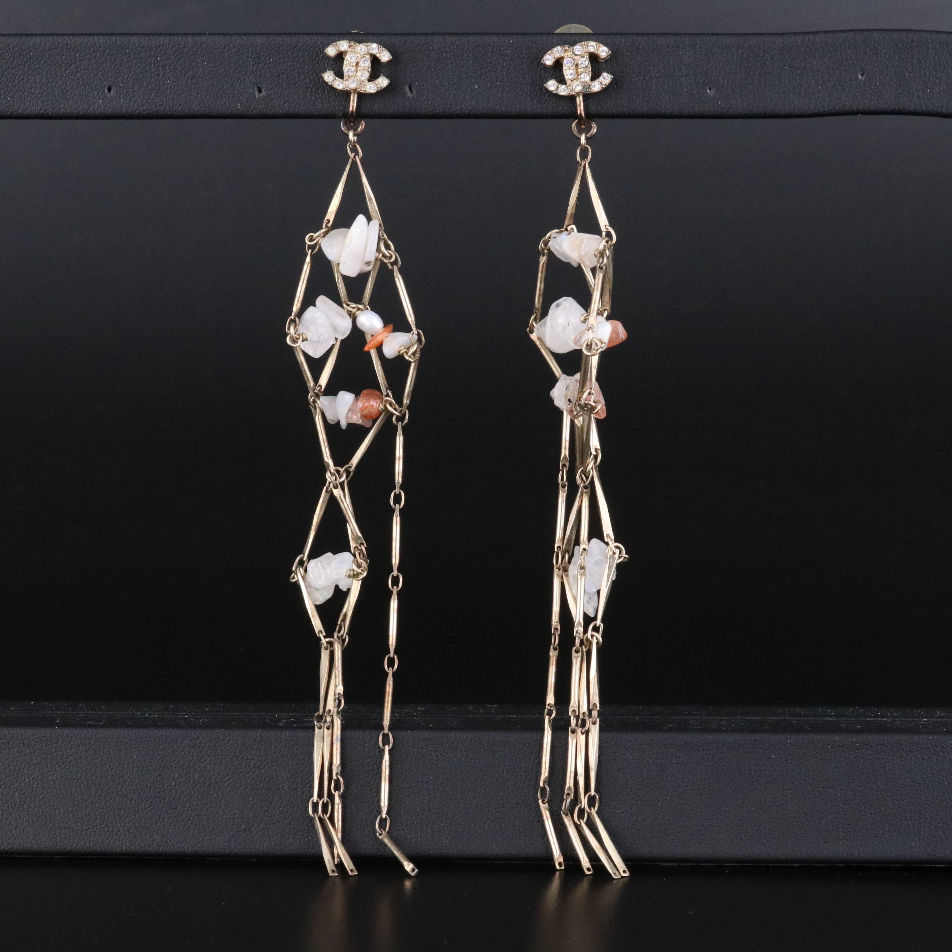 Chanel CC Crystal and Gemstone Clip Earrings Including Sunstone and Moonstone