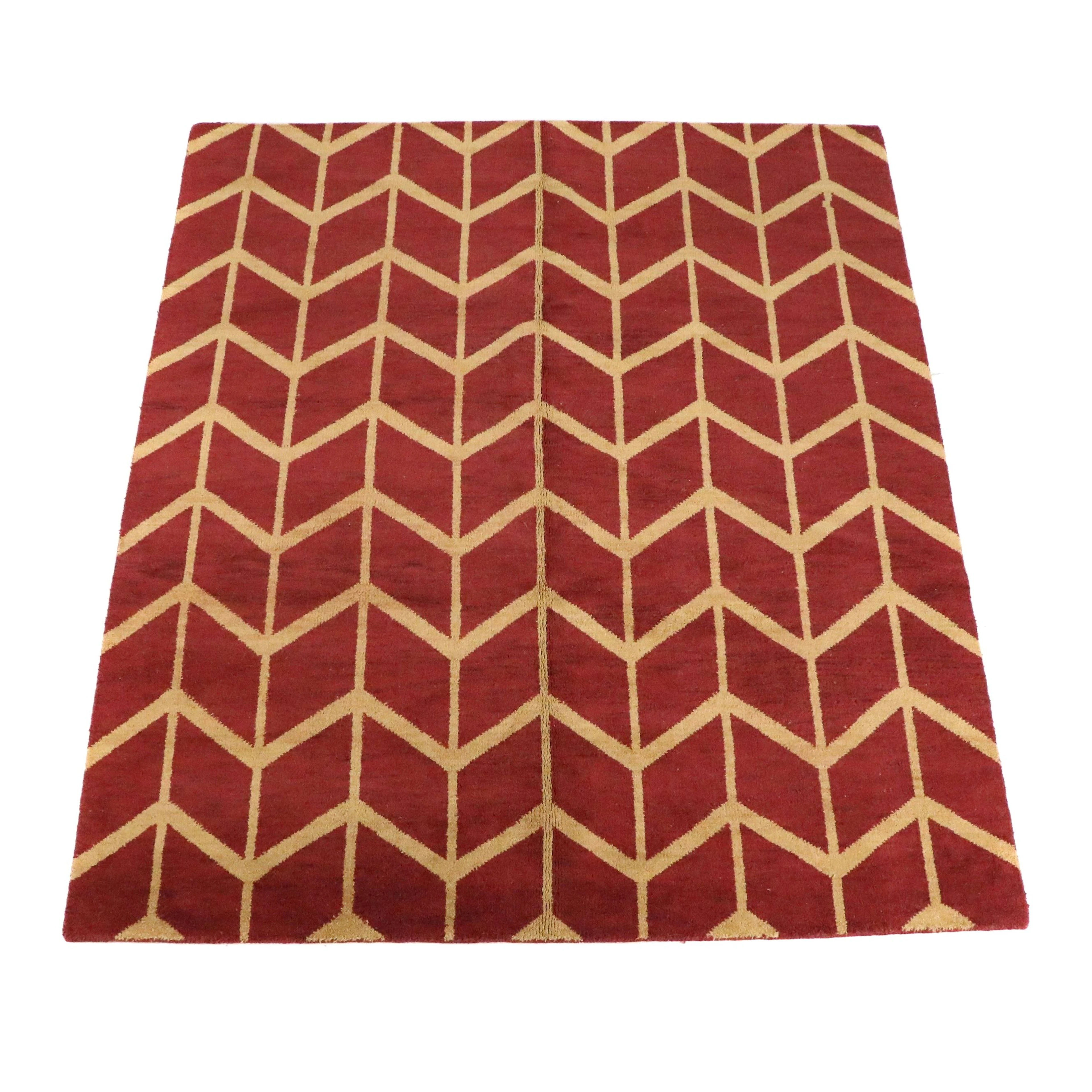 8'4 x 9'10 Hand-Knotted Indian Red and Gold Chevron Area Rug
