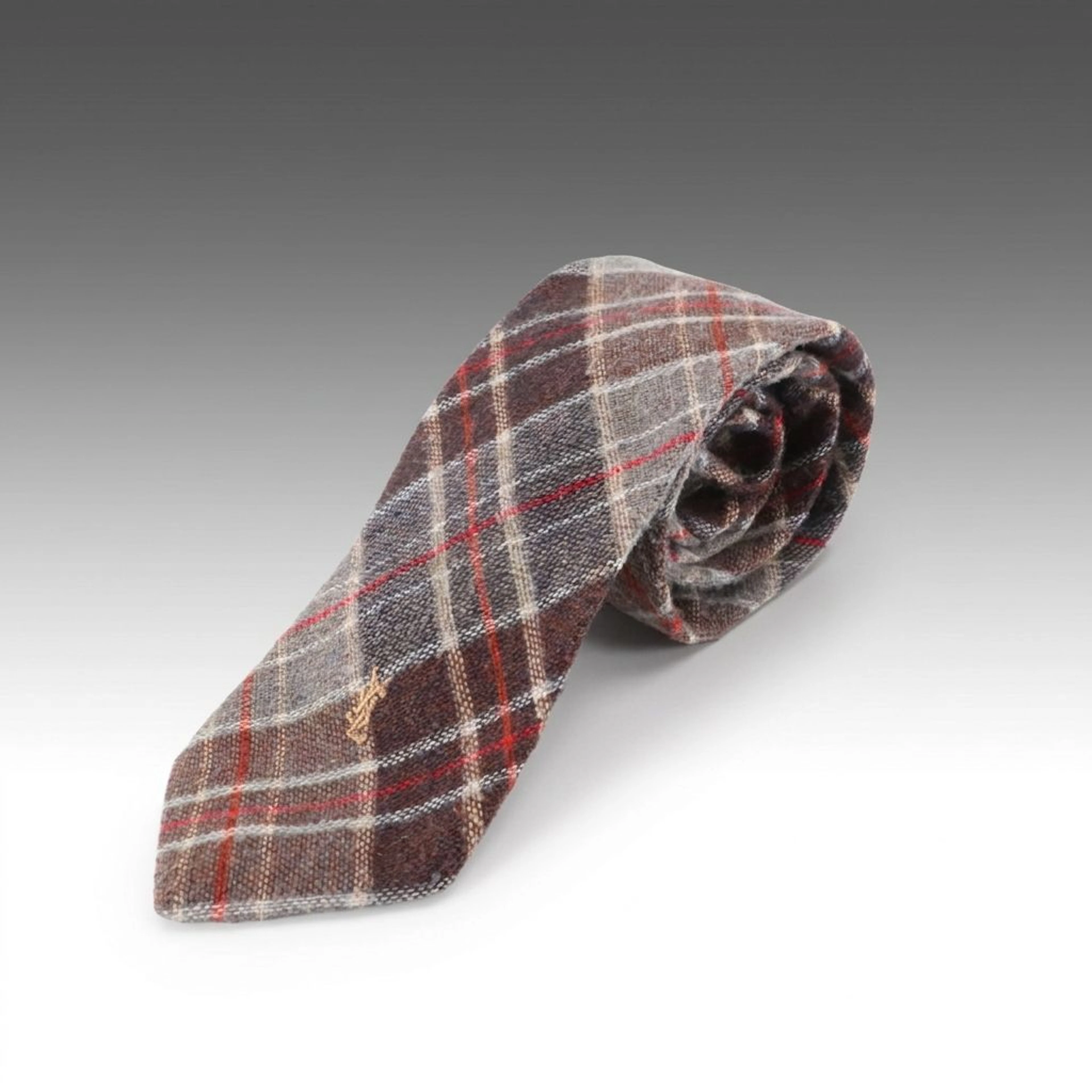Yves Saint Laurent Heather Mist Neck Tie in Neutral and Red Plaid Wool Blend